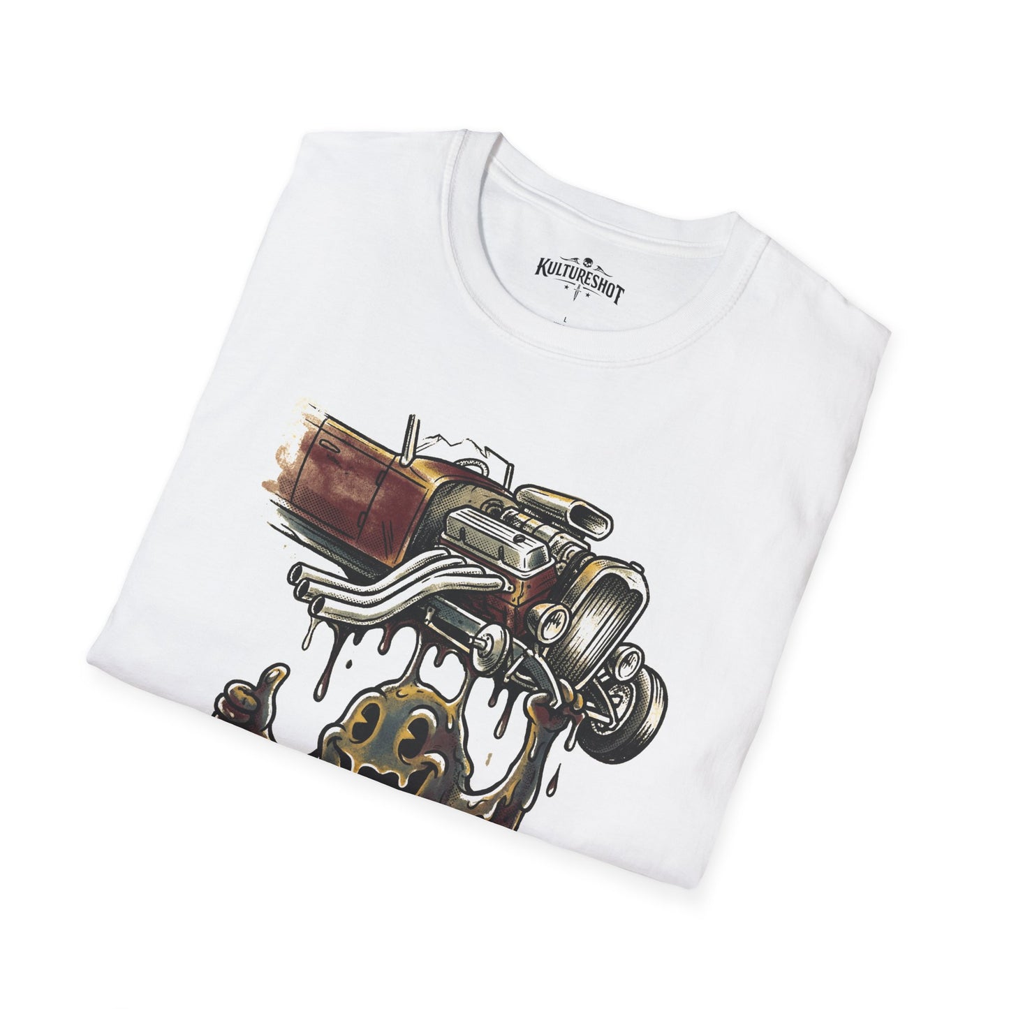 White t-shirt with a detailed engine graphic on a white background