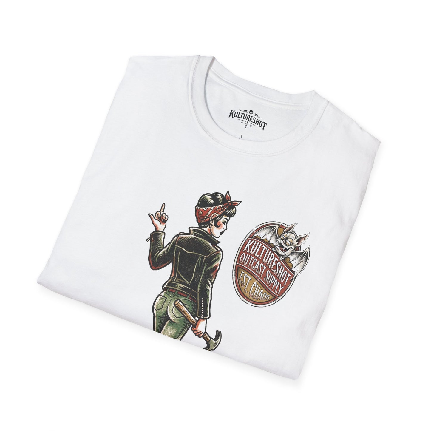 White t-shirt with a graphic design of a person and a logo on a white background