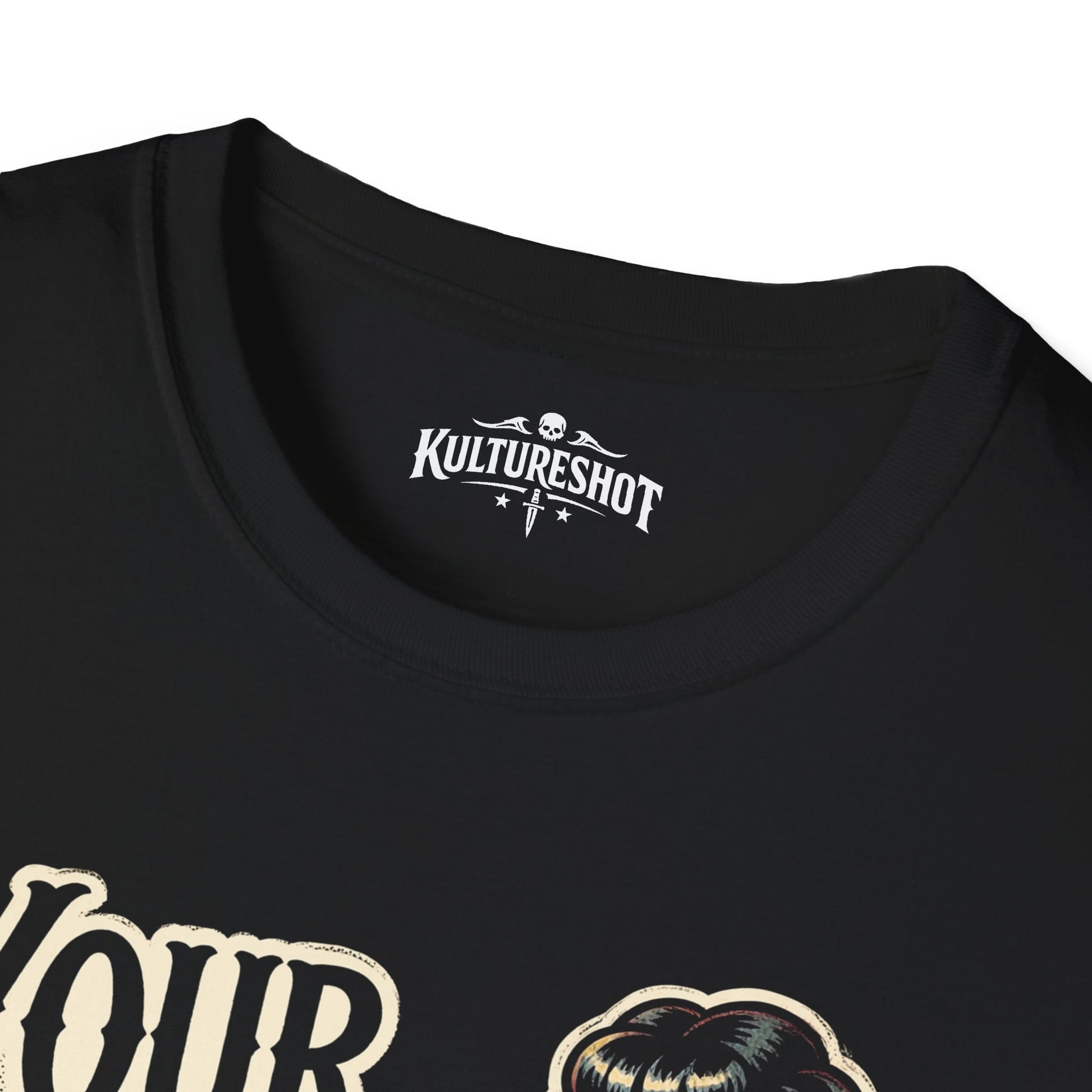 Black t-shirt with 'KultureShot' logo on a white background