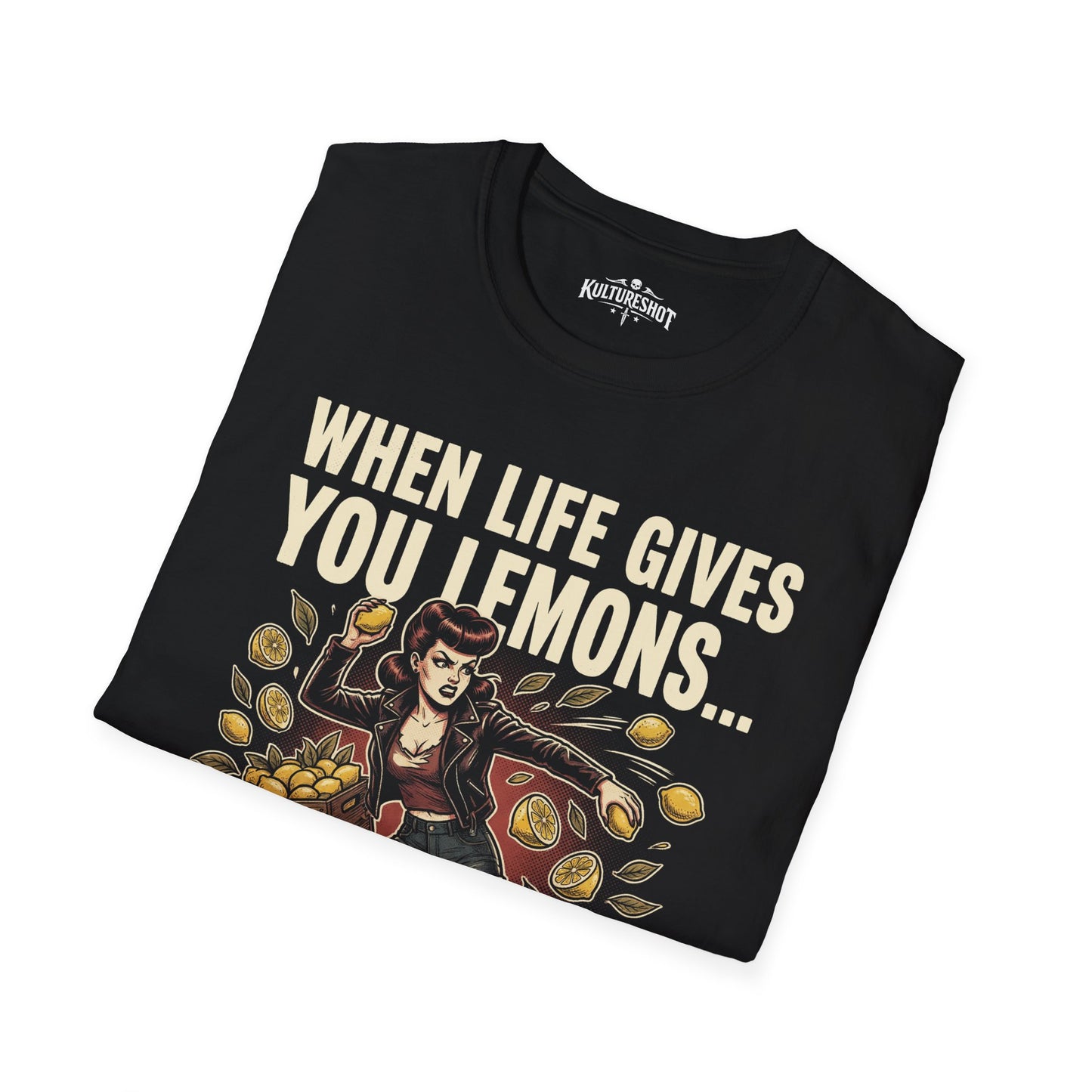 Black t-shirt with graphic design and text 'When Life Gives You Lemons' on a white background
