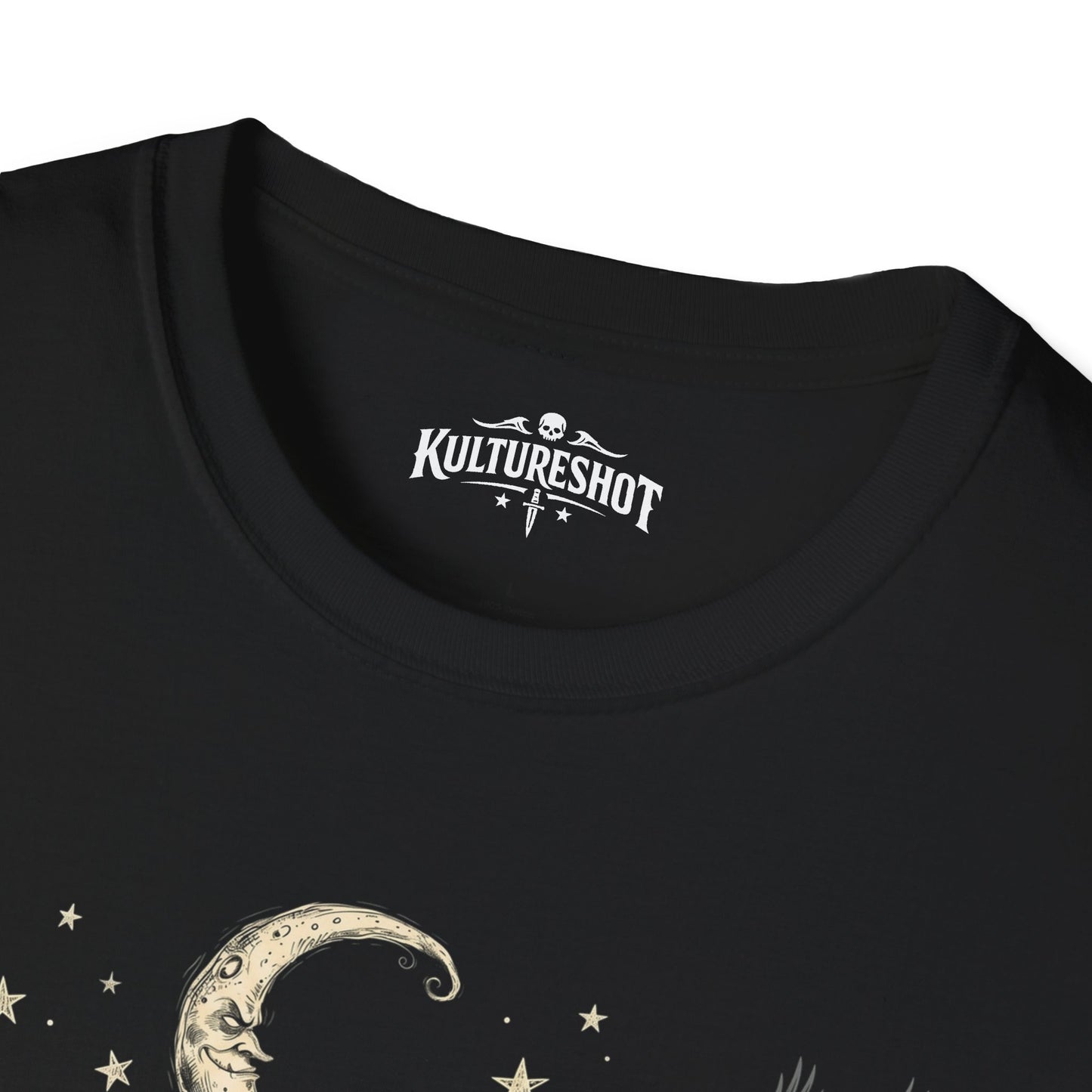 Black t-shirt with a moon and star design and 'KultureShot' logo.