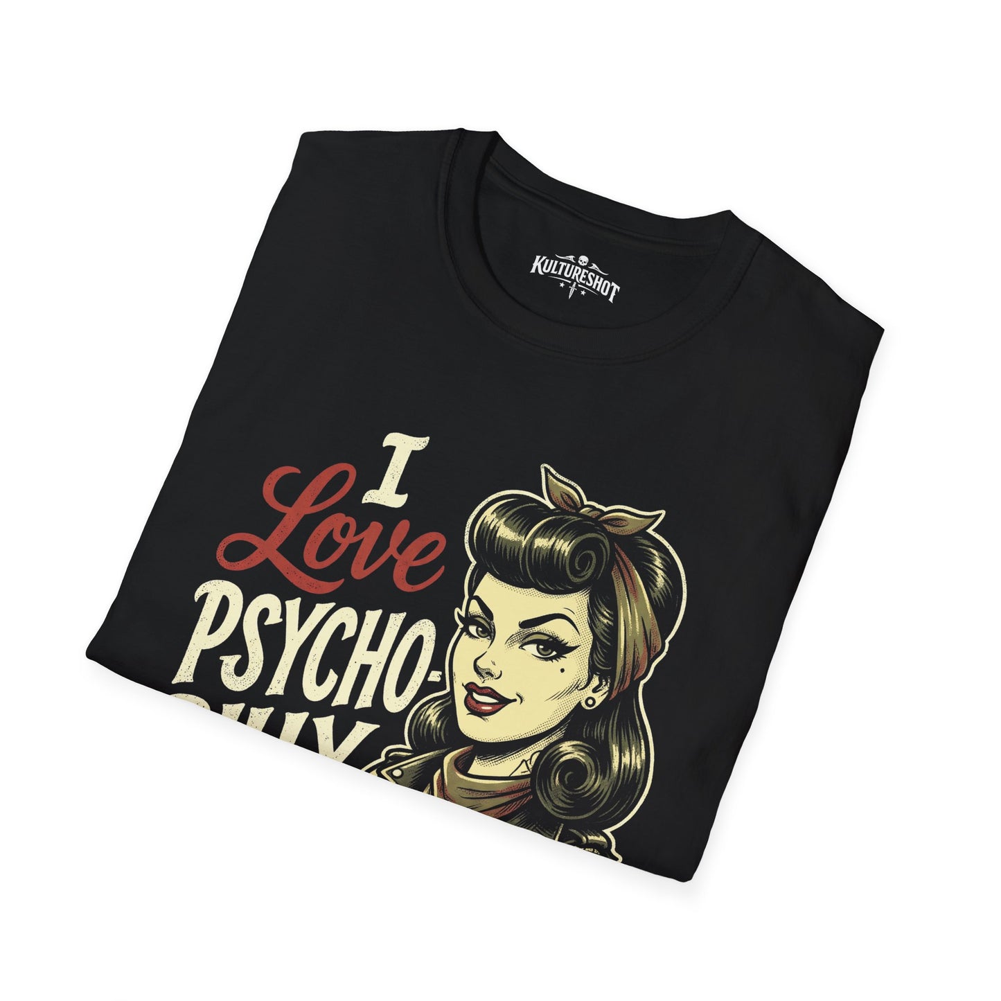 Black t-shirt with graphic design and text 'I Love Psychobilly girls' on a white background