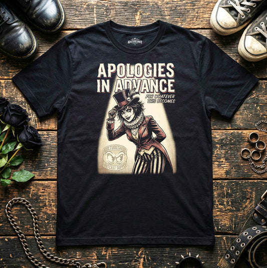 Black t-shirt with graphic design and text on a wooden surface with shoes and roses.