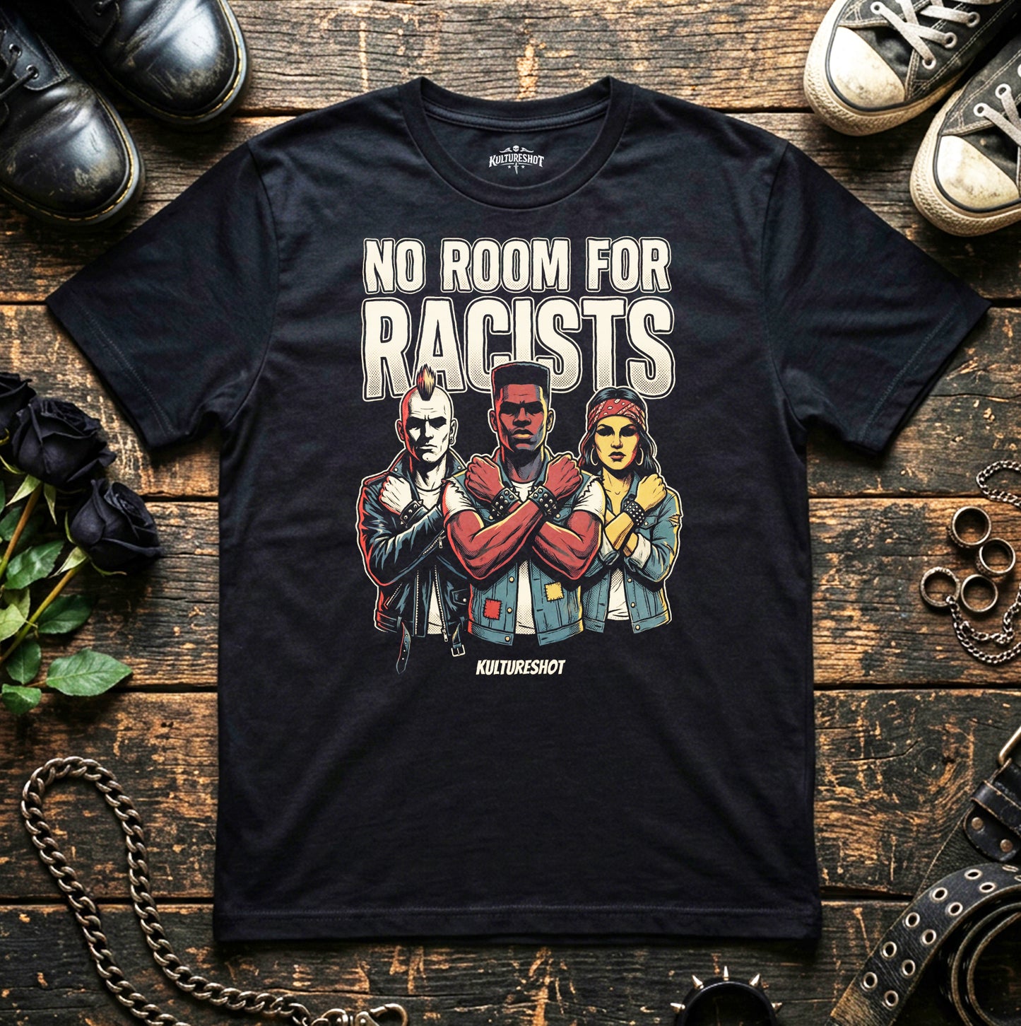 Black t-shirt with 'No Room for Racists' graphic on a wooden surface with shoes and chains.
