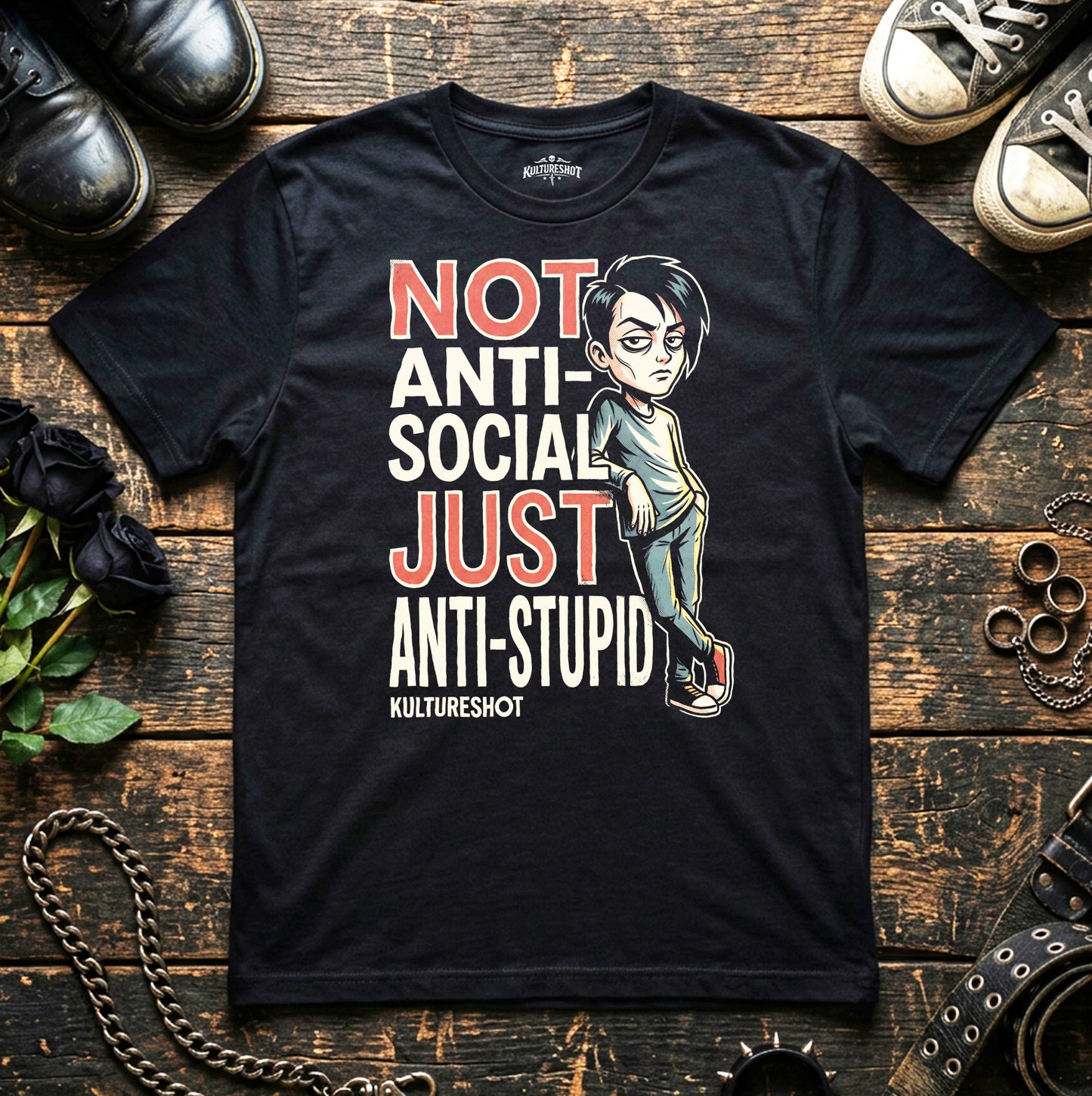 Black t-shirt with graphic design and text on a wooden surface with shoes and a chain.
