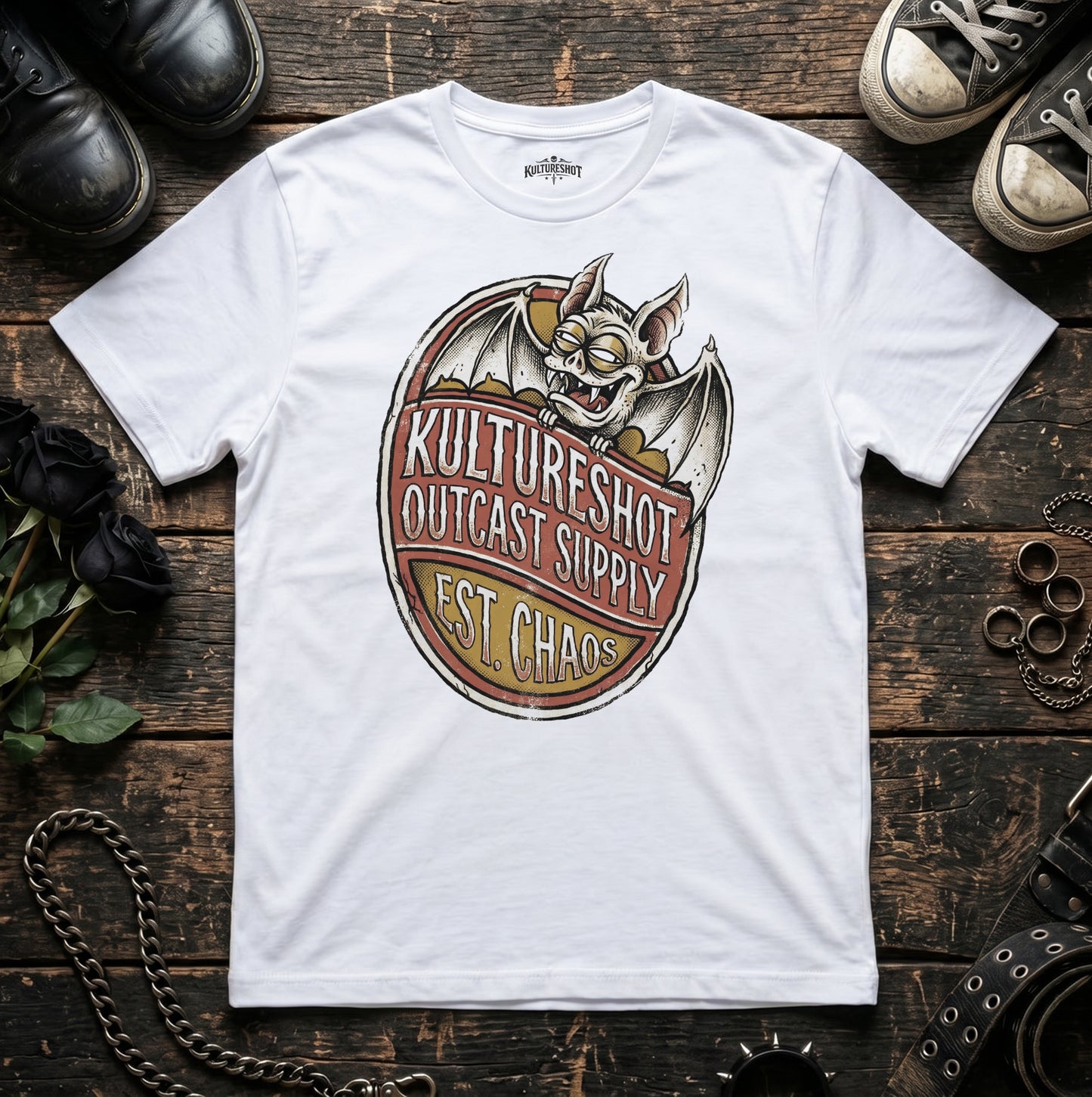 White t-shirt with a graphic design on a wooden surface with shoes and accessories.