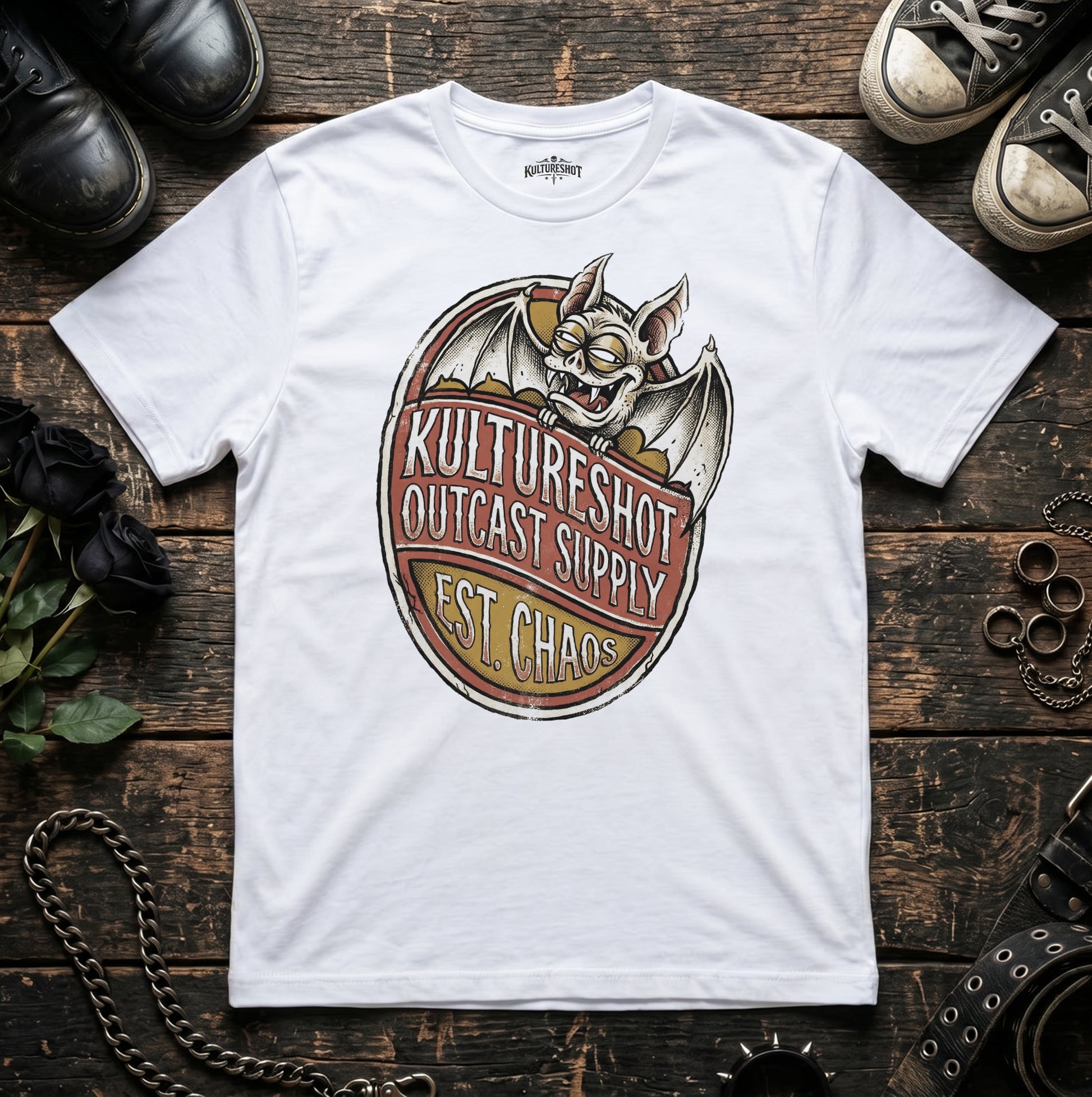 White t-shirt with a graphic design on a wooden surface with shoes and accessories.