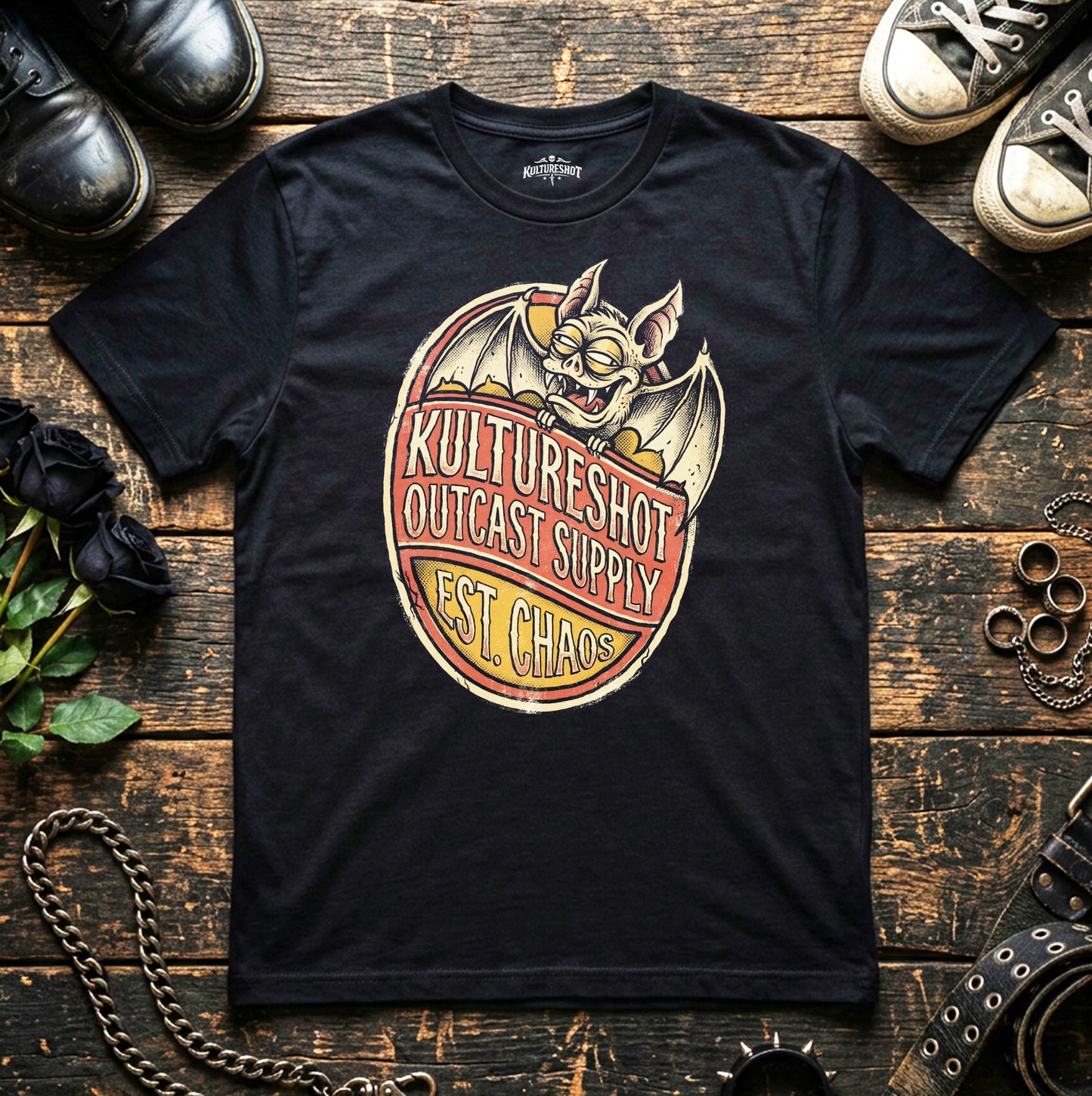 Black t-shirt with a graphic design on a wooden surface with shoes and accessories.