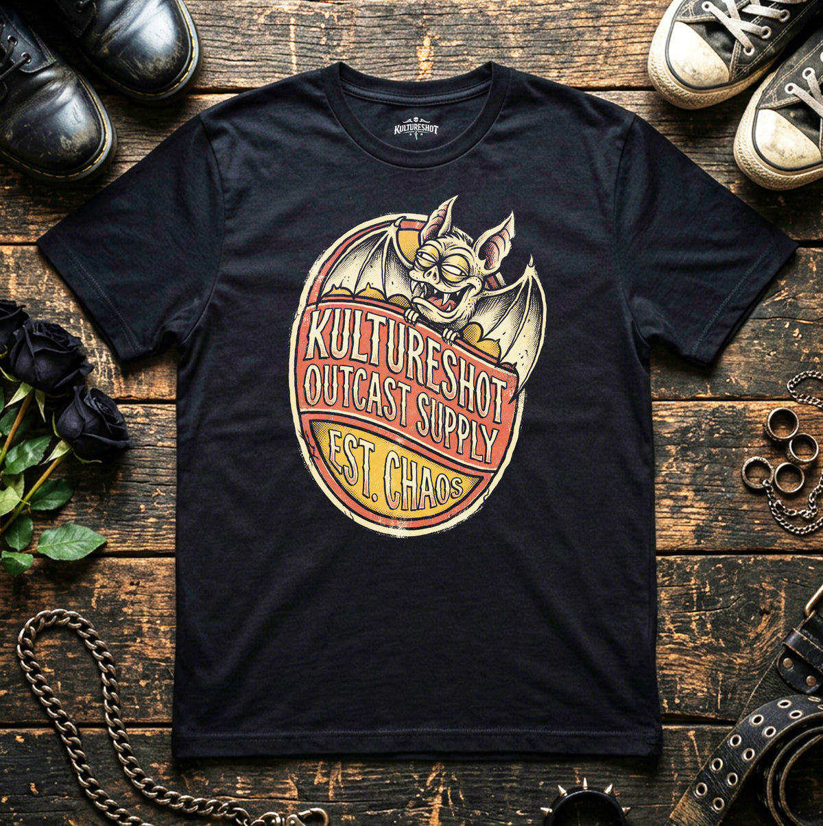 Black t-shirt with a graphic design on a wooden surface with shoes and accessories.