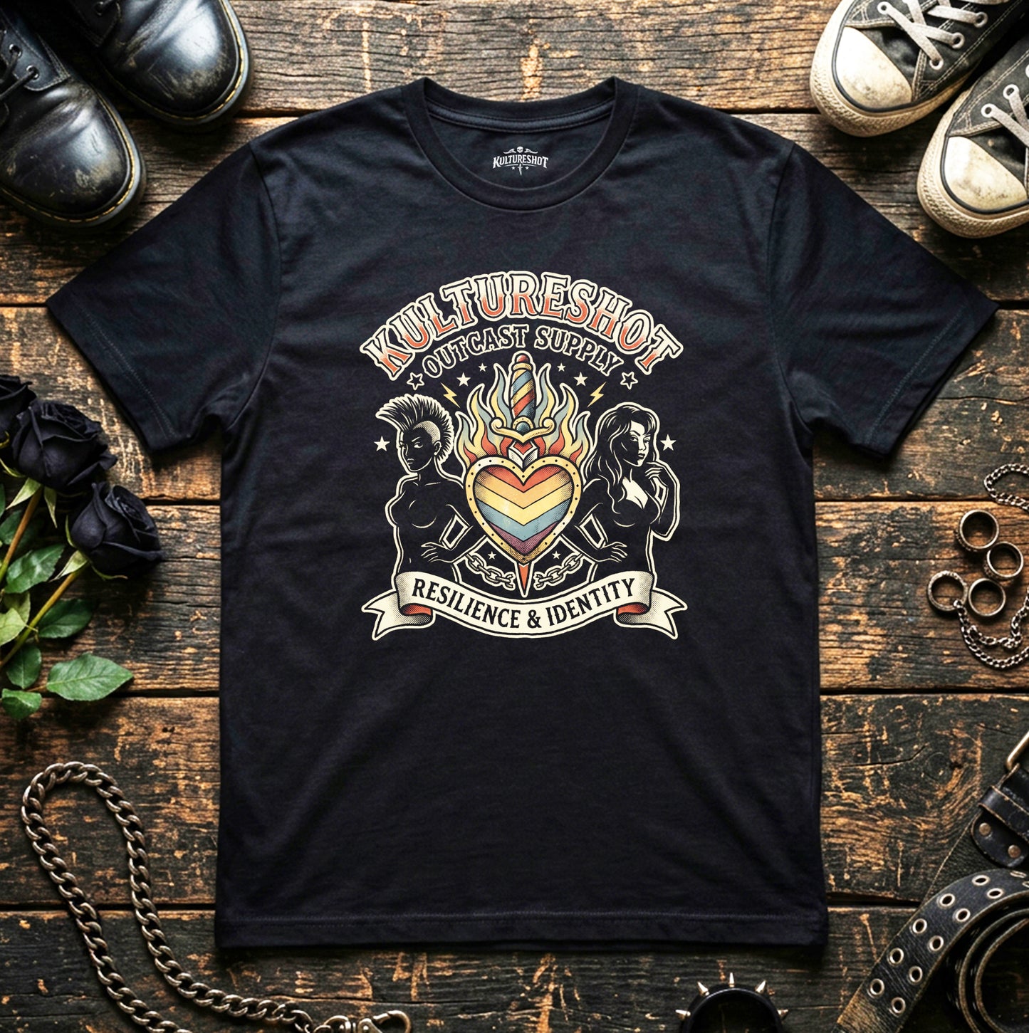 Black t-shirt with a colorful graphic design on a wooden surface with shoes and flowers.