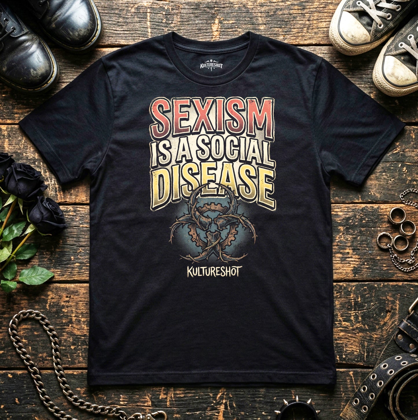 Black t-shirt with 'Sexism is a Social Disease' text on a wooden surface with shoes and roses.