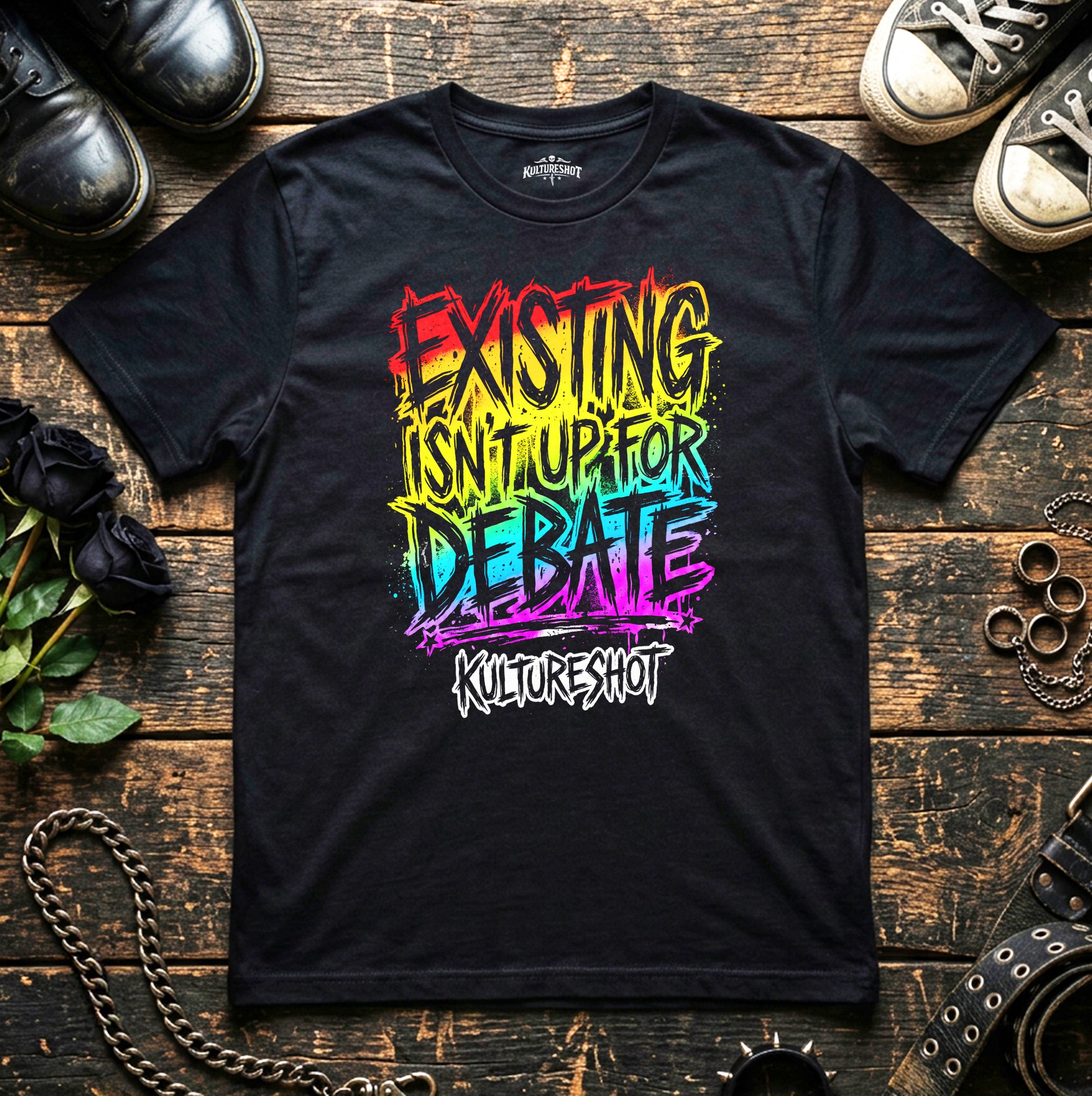Black t-shirt with colorful text on a wooden surface with shoes and plants.