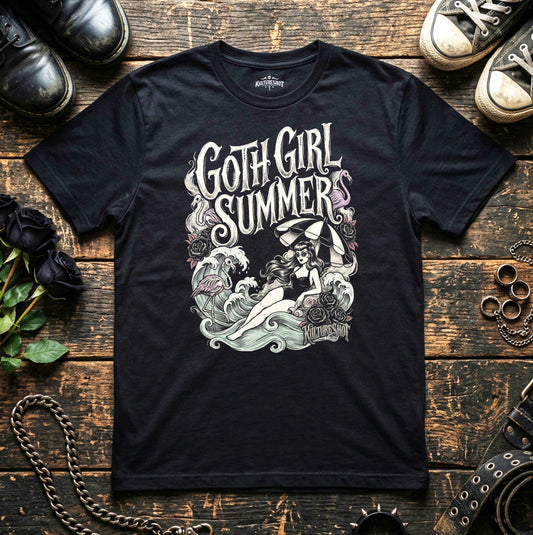 Black t-shirt with 'Goth Girl Summer' design on a wooden surface with shoes and roses.
