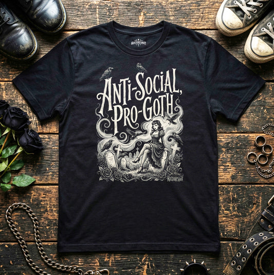 Black t-shirt with 'Anti-Social, Pro-Goth' design on a wooden surface with shoes and roses.
