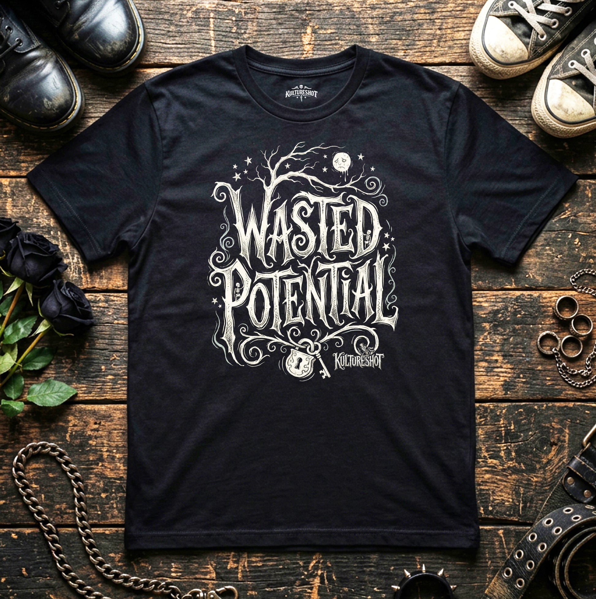 Black t-shirt with 'Wasted Potential' design on a wooden surface with shoes and chains.