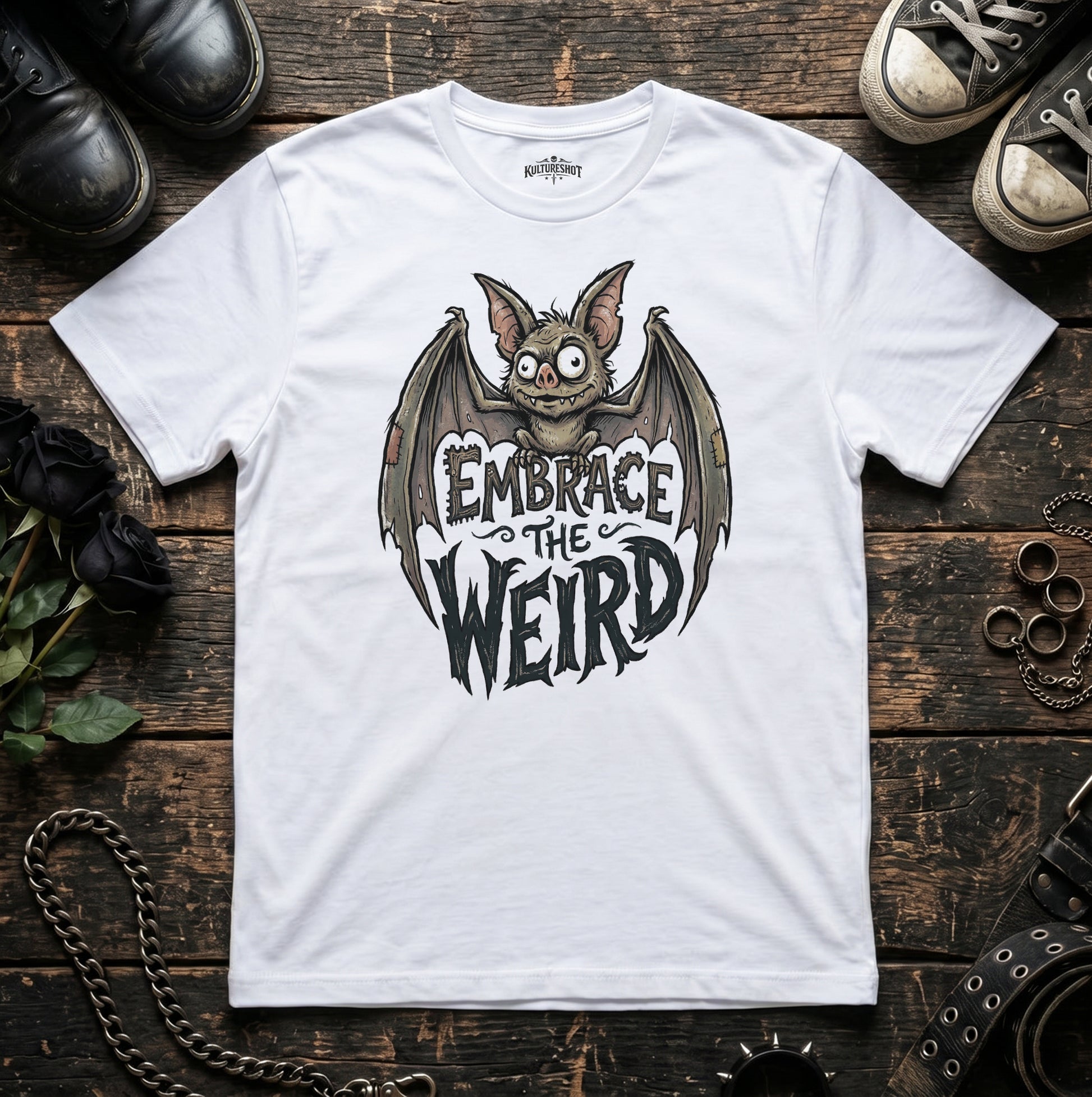 White t-shirt with a bat graphic and 'Embrace the Weird' text on a wooden surface with shoes and accessories.