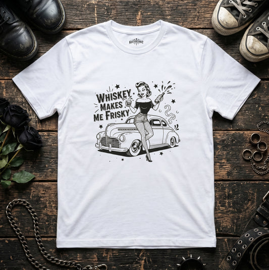 White t-shirt with a graphic design on a wooden surface 