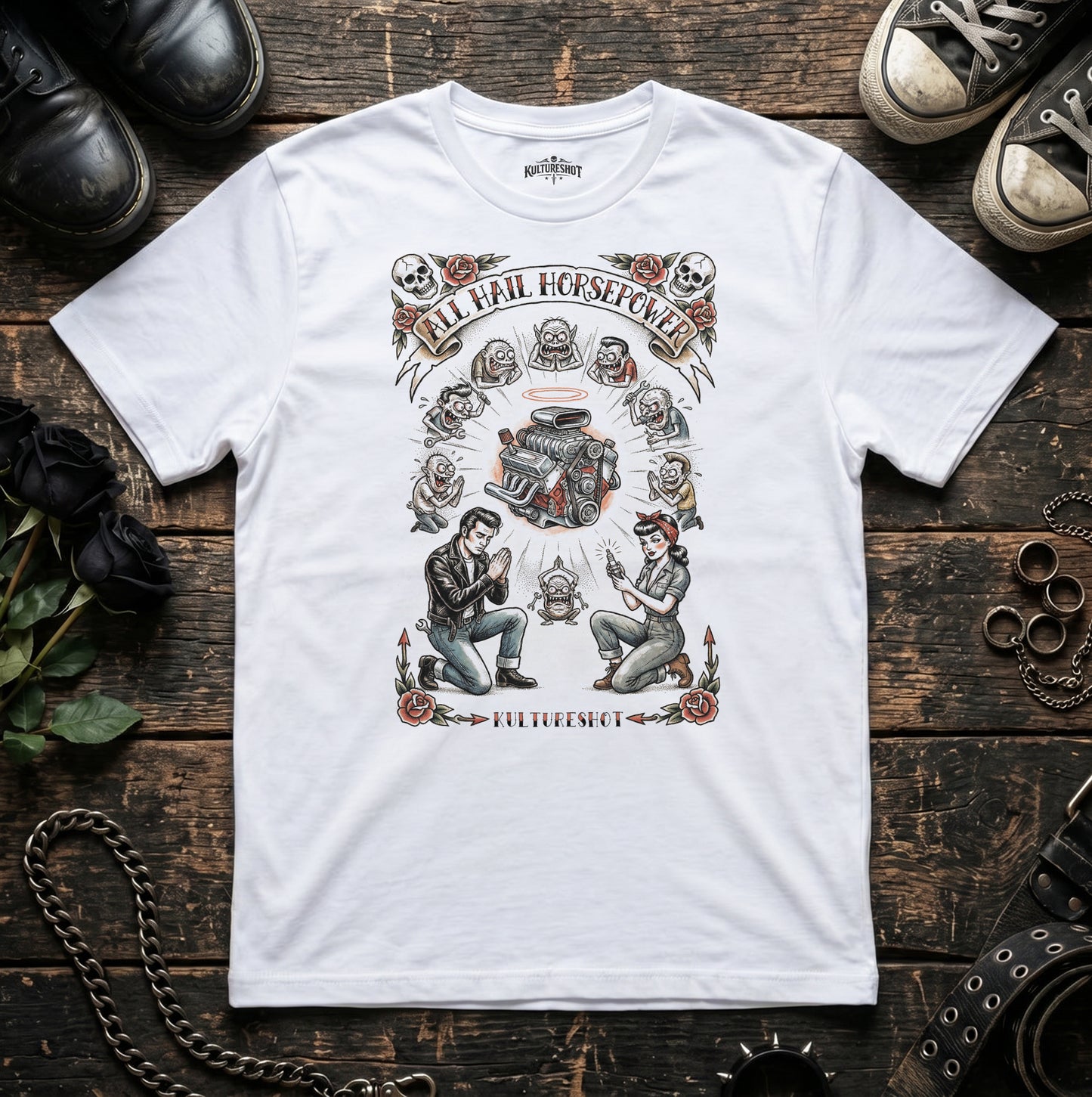 White t-shirt with graphic design on a wooden surface 