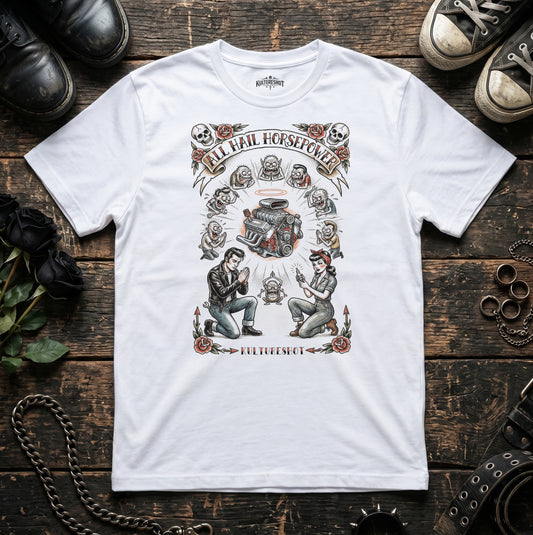 White t-shirt with graphic design on a wooden surface 
