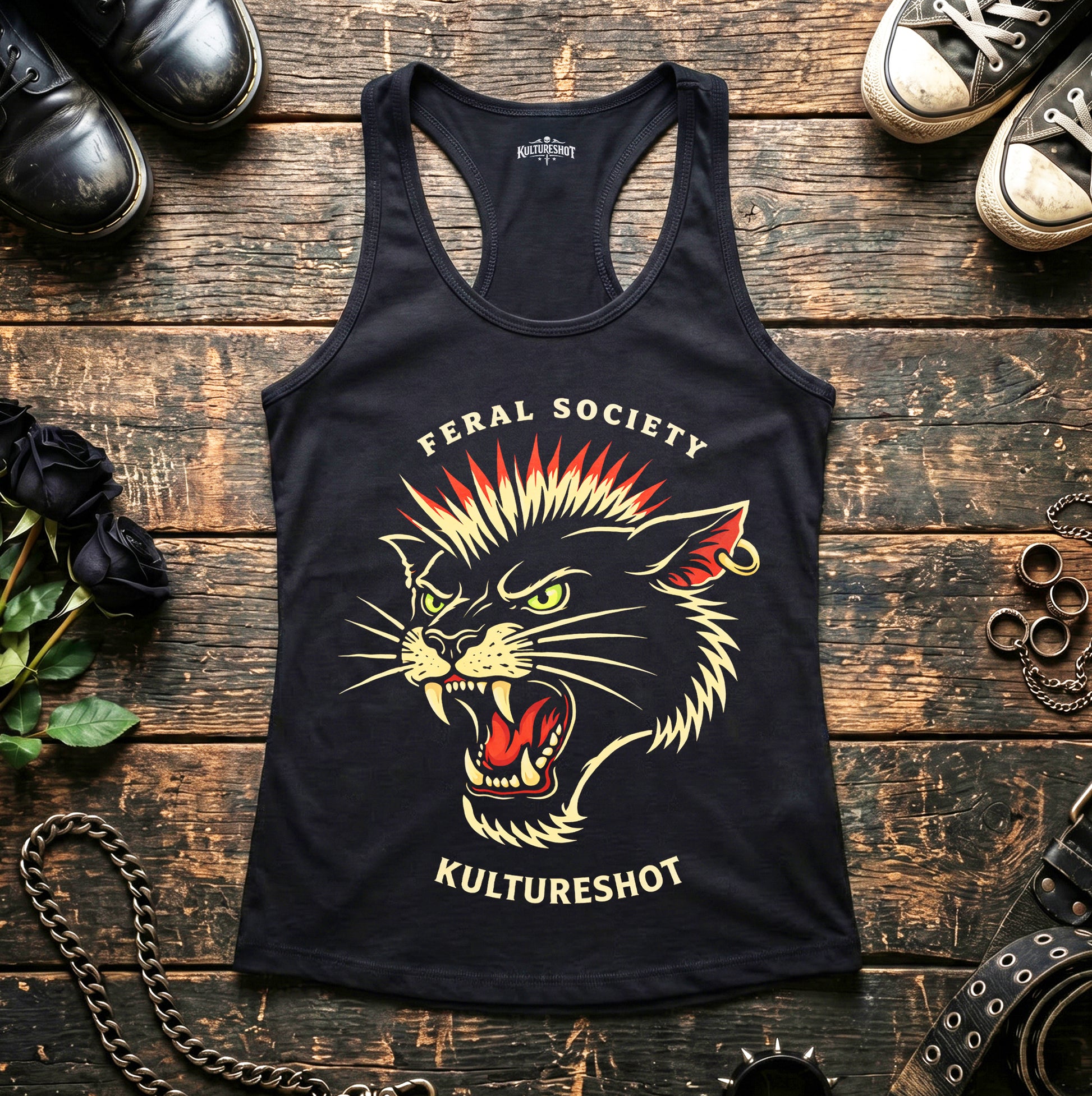Black tank top with a graphic design of a roaring cat and text on a wooden surface with shoes and accessories.