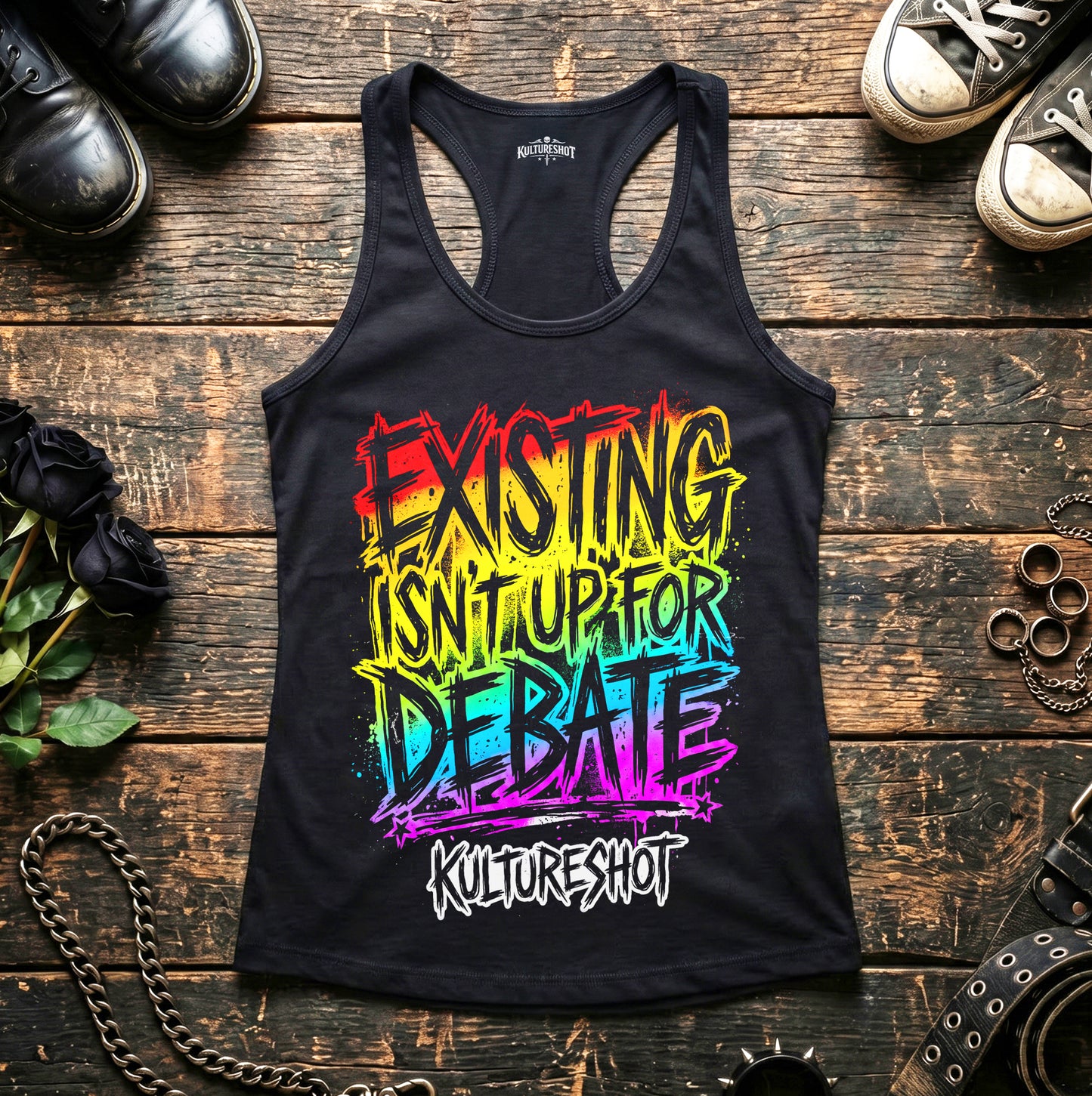 Black tank top with colorful text on a wooden surface with shoes and accessories.