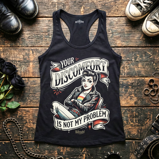 Black tank top with graphic design on a wooden surface with shoes and accessories.