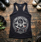 Black tank top with 'Odd Girls Club' graphic on a wooden surface with shoes and roses.