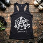 Black tank top with 'No Gods No Masters' text on a wooden surface with shoes and chains.