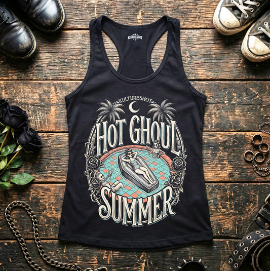 Black tank top with 'Hot Ghoul Summer' design on a wooden surface with shoes and roses.