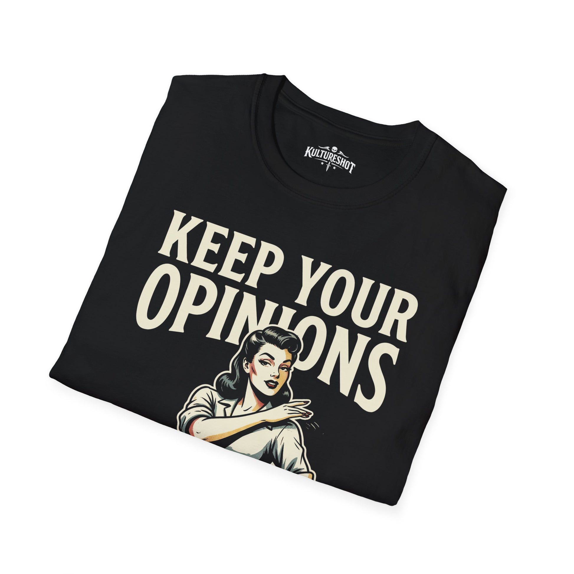 Black t-shirt with 'Keep Your Opinions' text and graphic on a white background