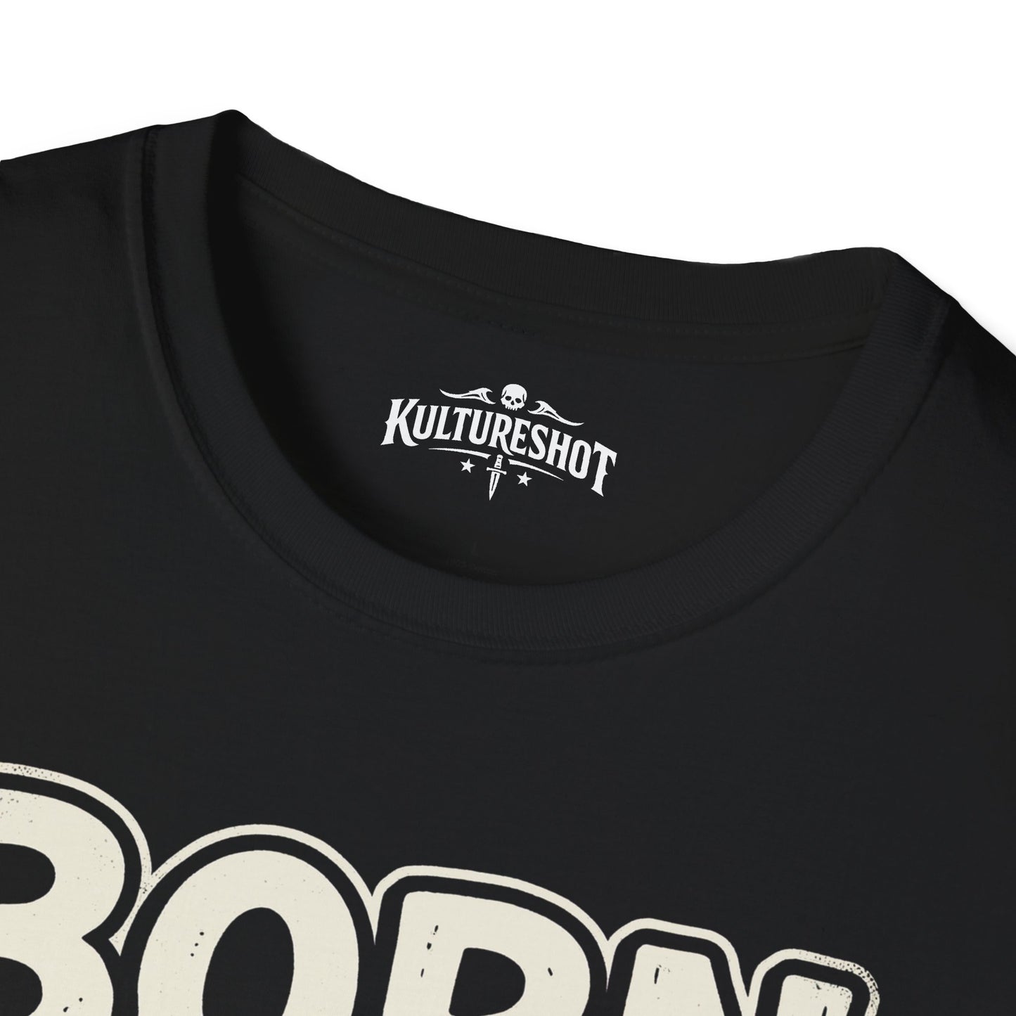 Black t-shirt with 'KultureShot' logo and 'BORN' text on a white background