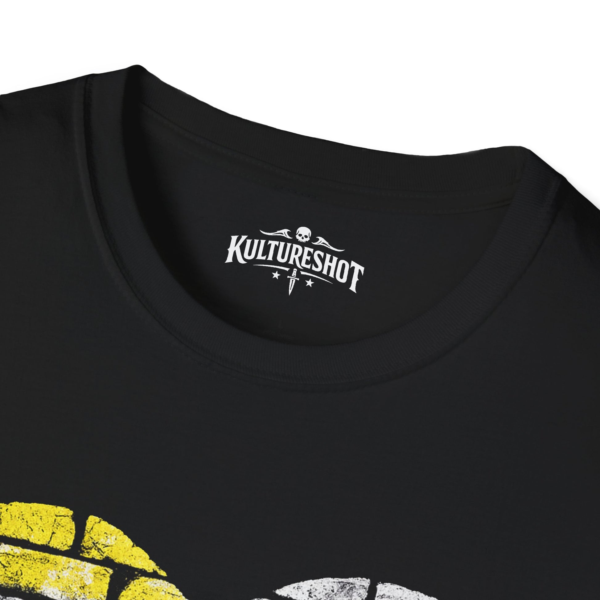 Black t-shirt with 'KultureShot' logo on a white background