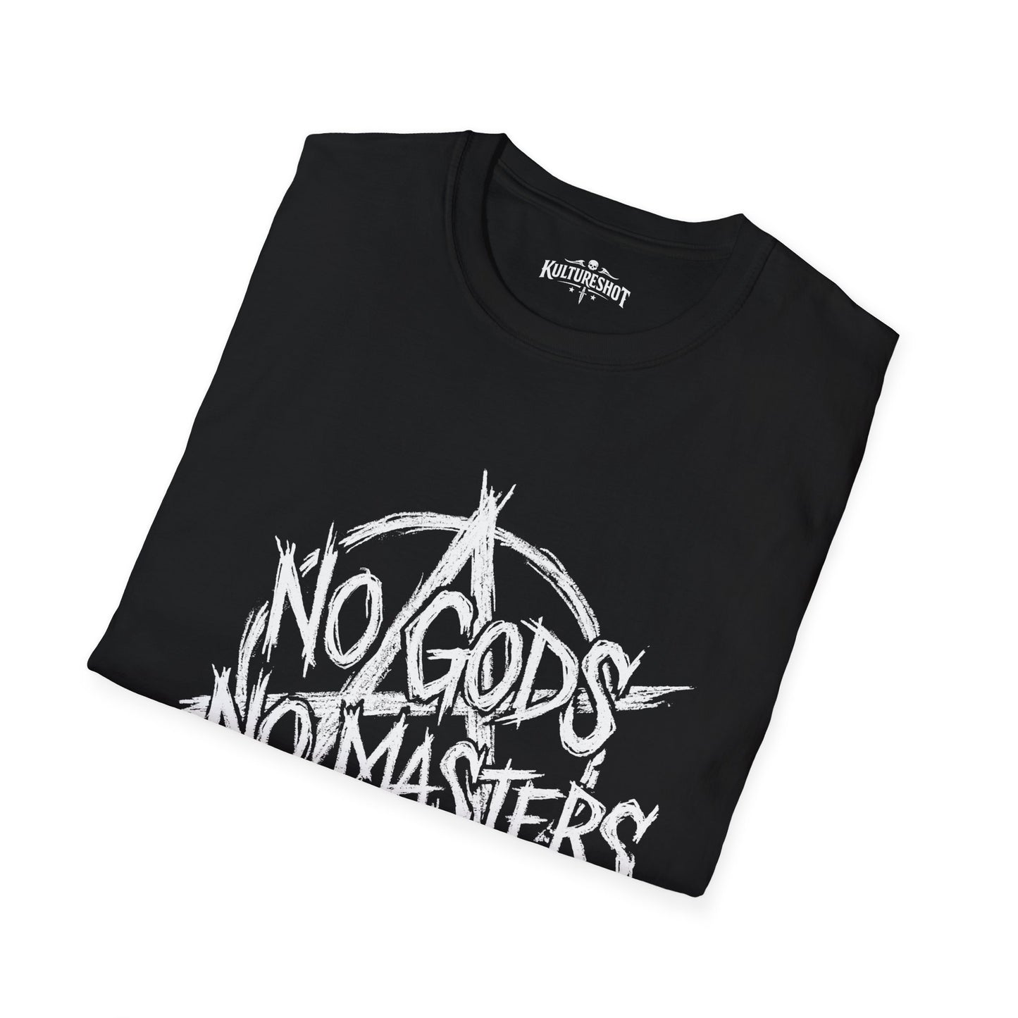 black t-shirt with white text design on a white background