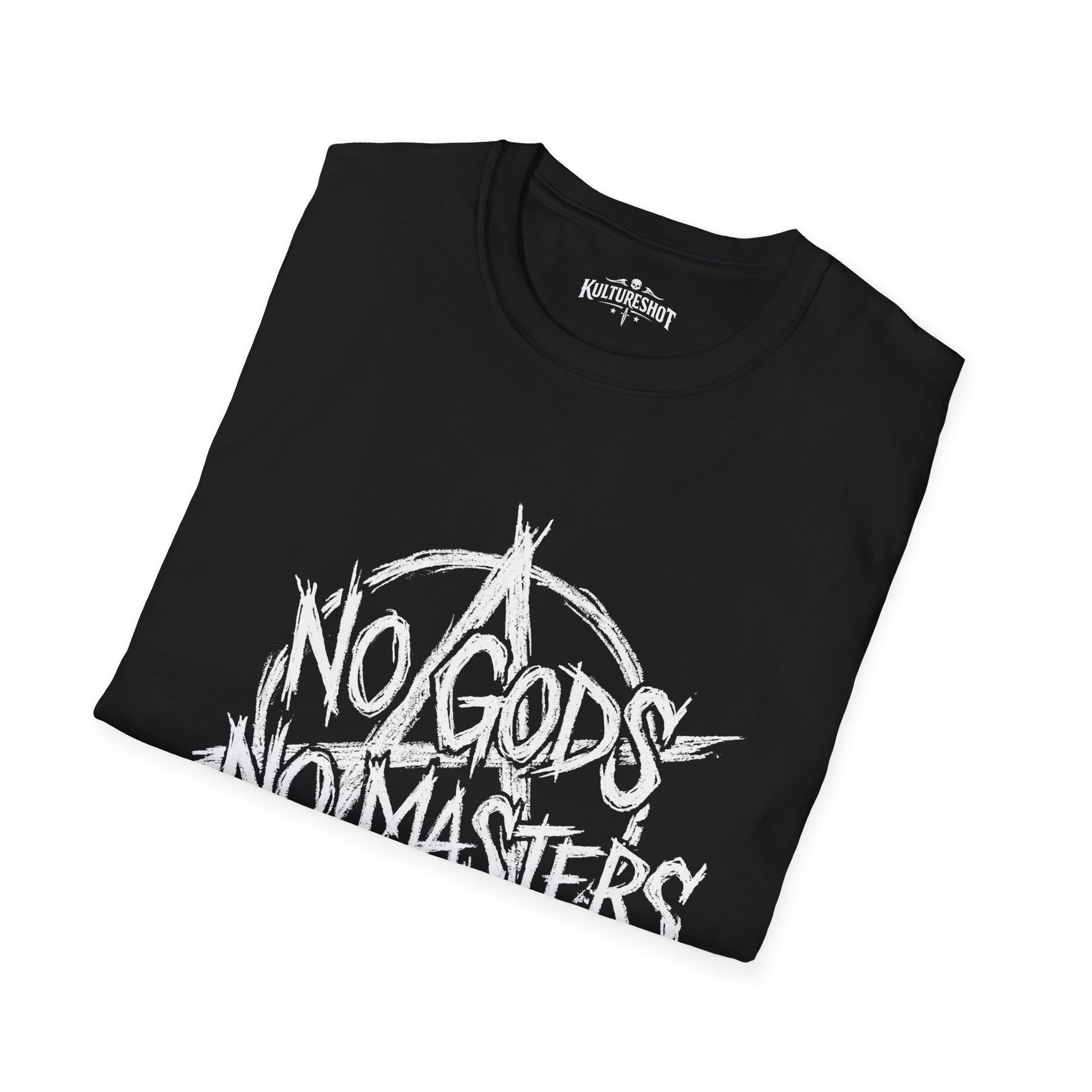 black t-shirt with white text design on a white background