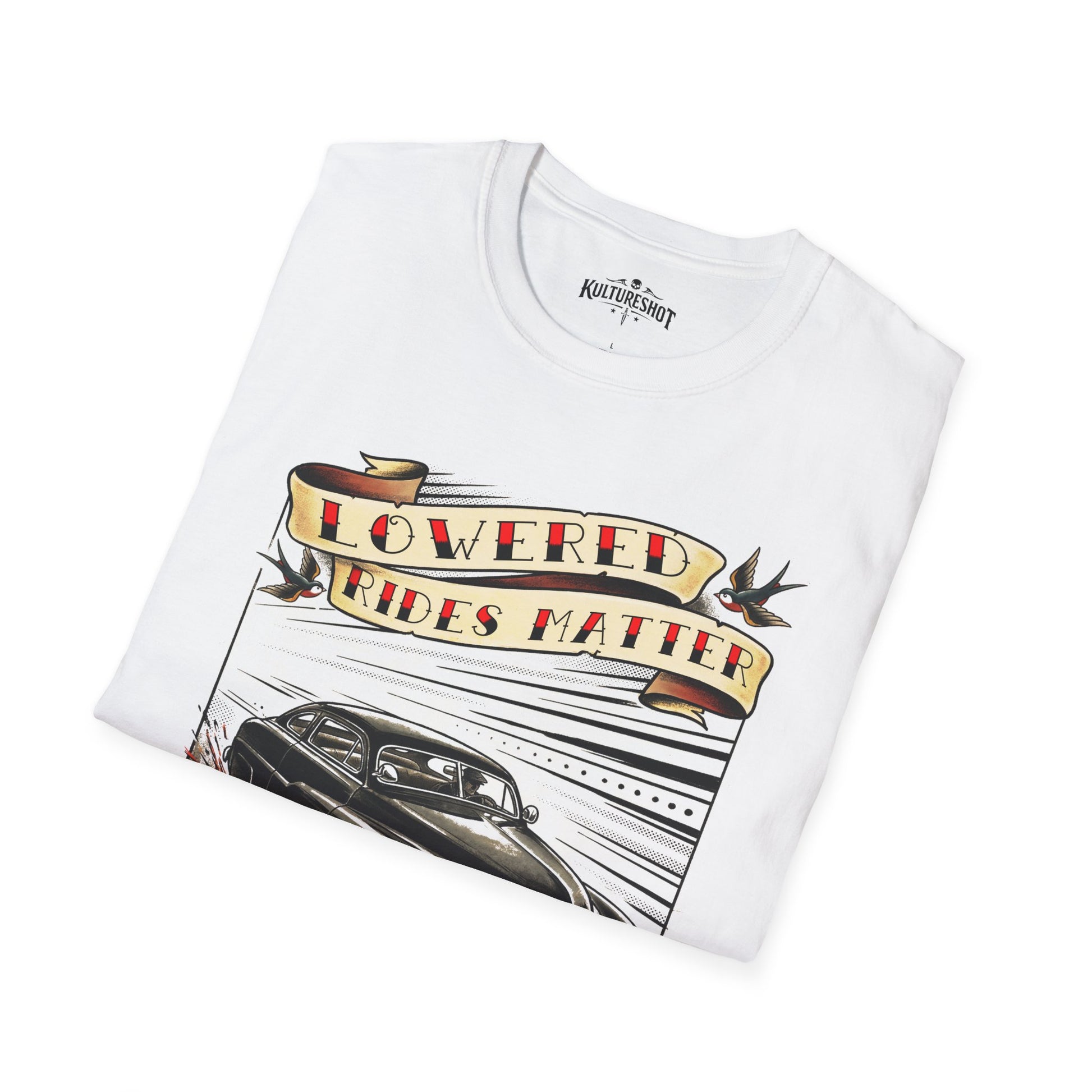 White t-shirt with graphic design and text 'Lowered Rides Matter' on a white background