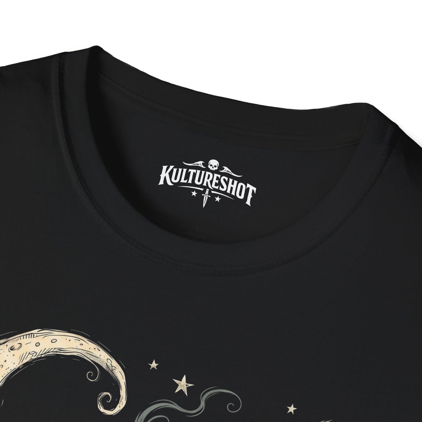 Black t-shirt with 'KultureShot' logo and celestial design on a white background