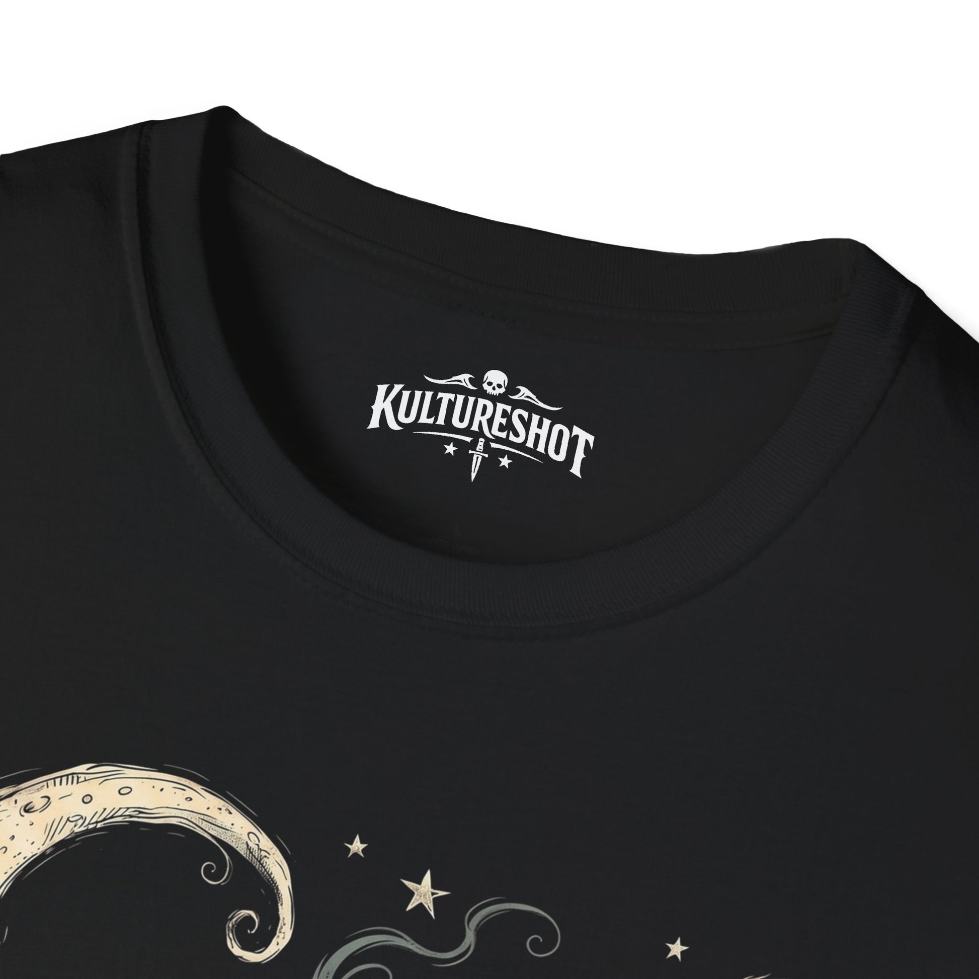 Black t-shirt with 'KultureShot' logo and celestial design on a white background