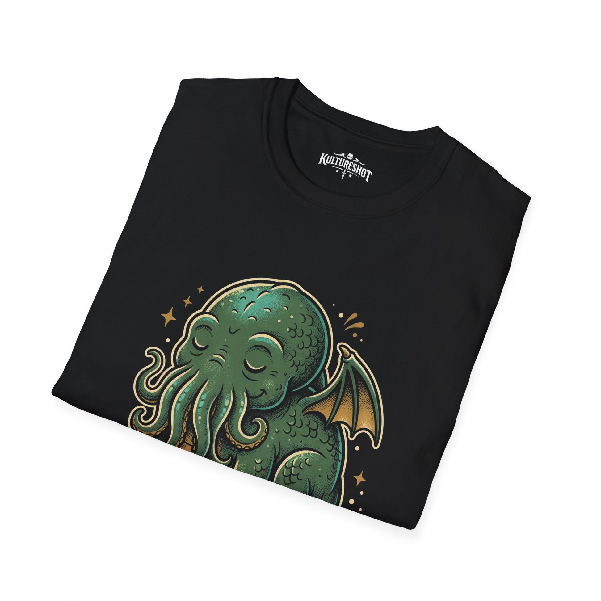 Black t-shirt with a green Cthulhu design on a white background 