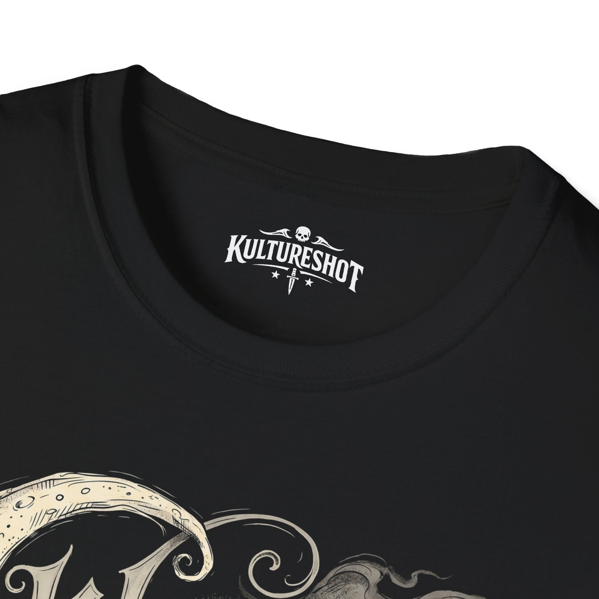 Black t-shirt with 'KultureShot' logo on a white background