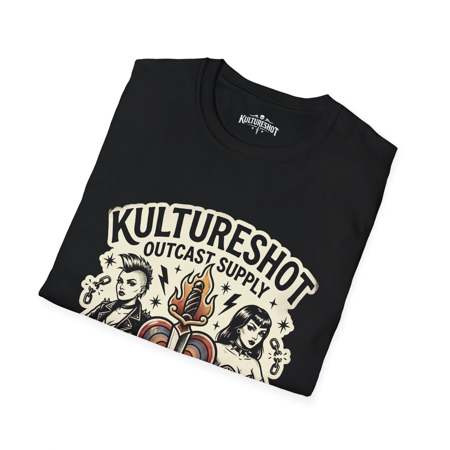 Folded t-shirt with a character design on a white background
