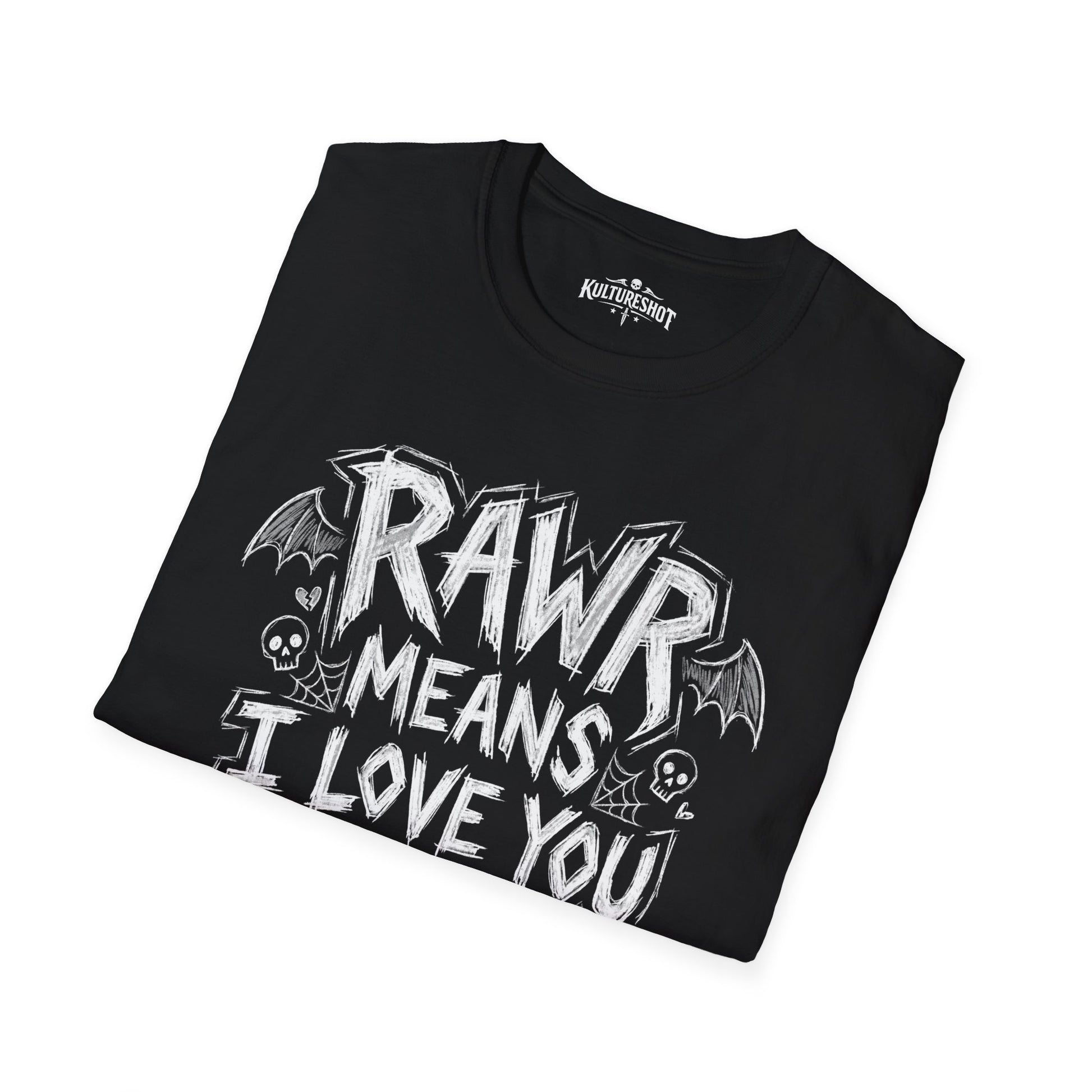 Folded black t-shirt with white text on a white background