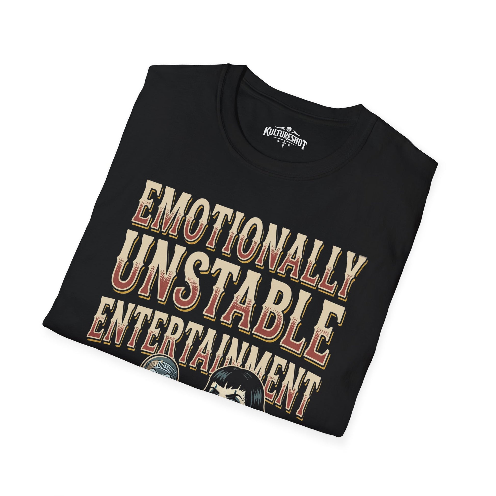 Folded black t-shirt with 'emotionally unstable entertainment' text on a white background