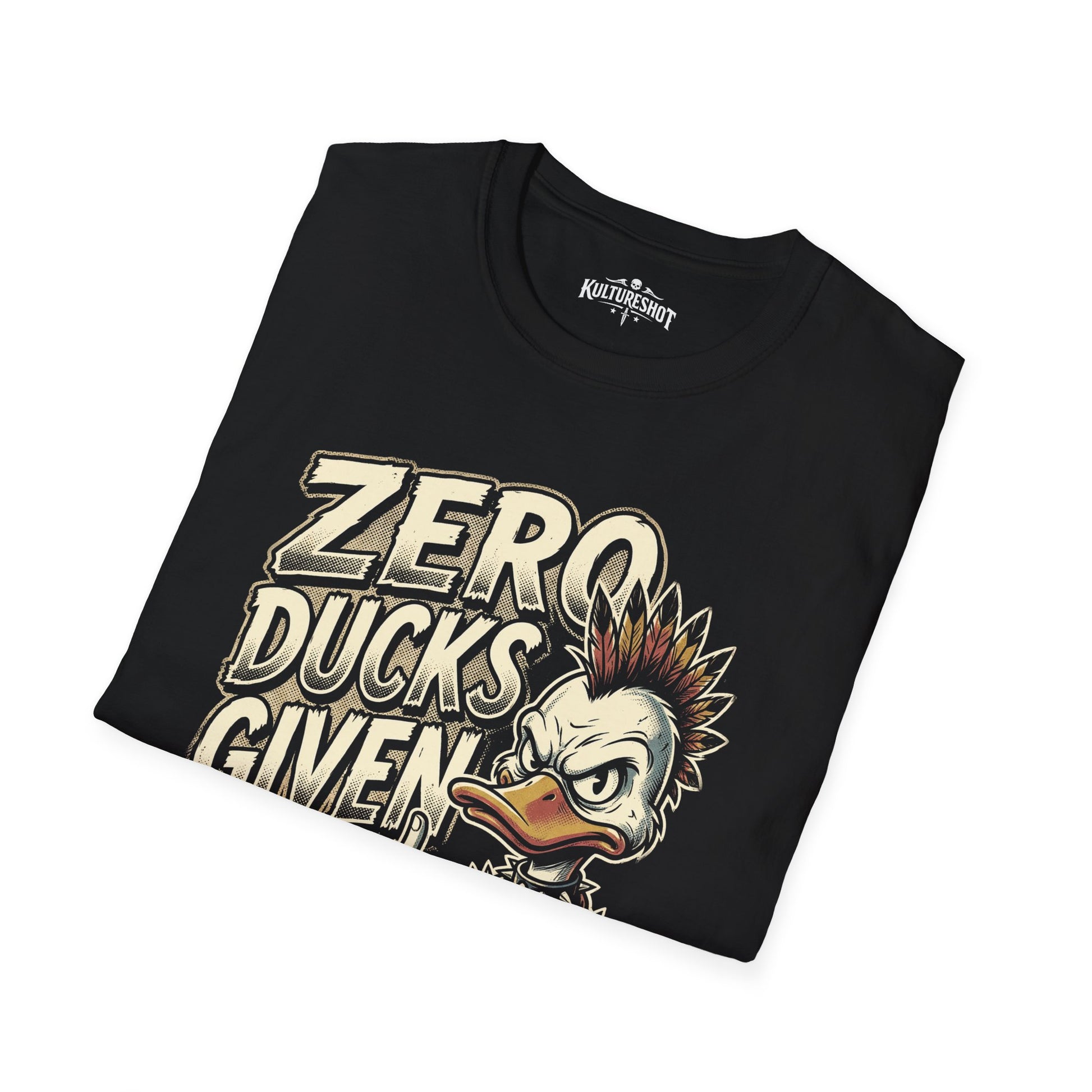 Black t-shirt with a graphic of a duck and text 'Zero Ducks Given' on a white background