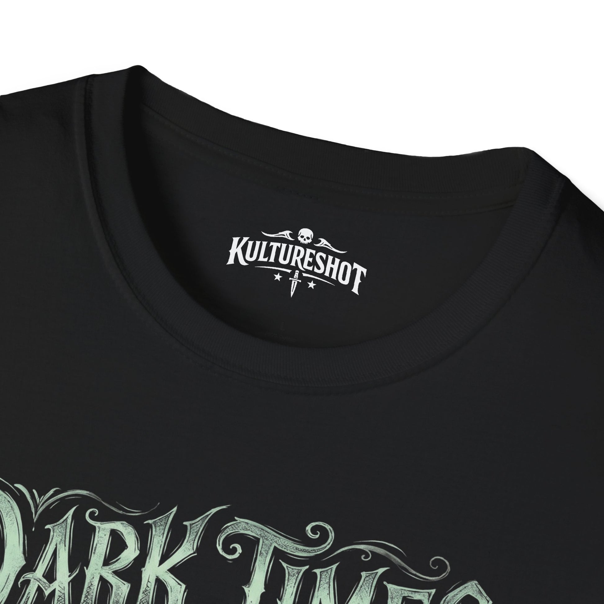 Black t-shirt with 'KultureShot' logo and 'Dark Times' text on a white background