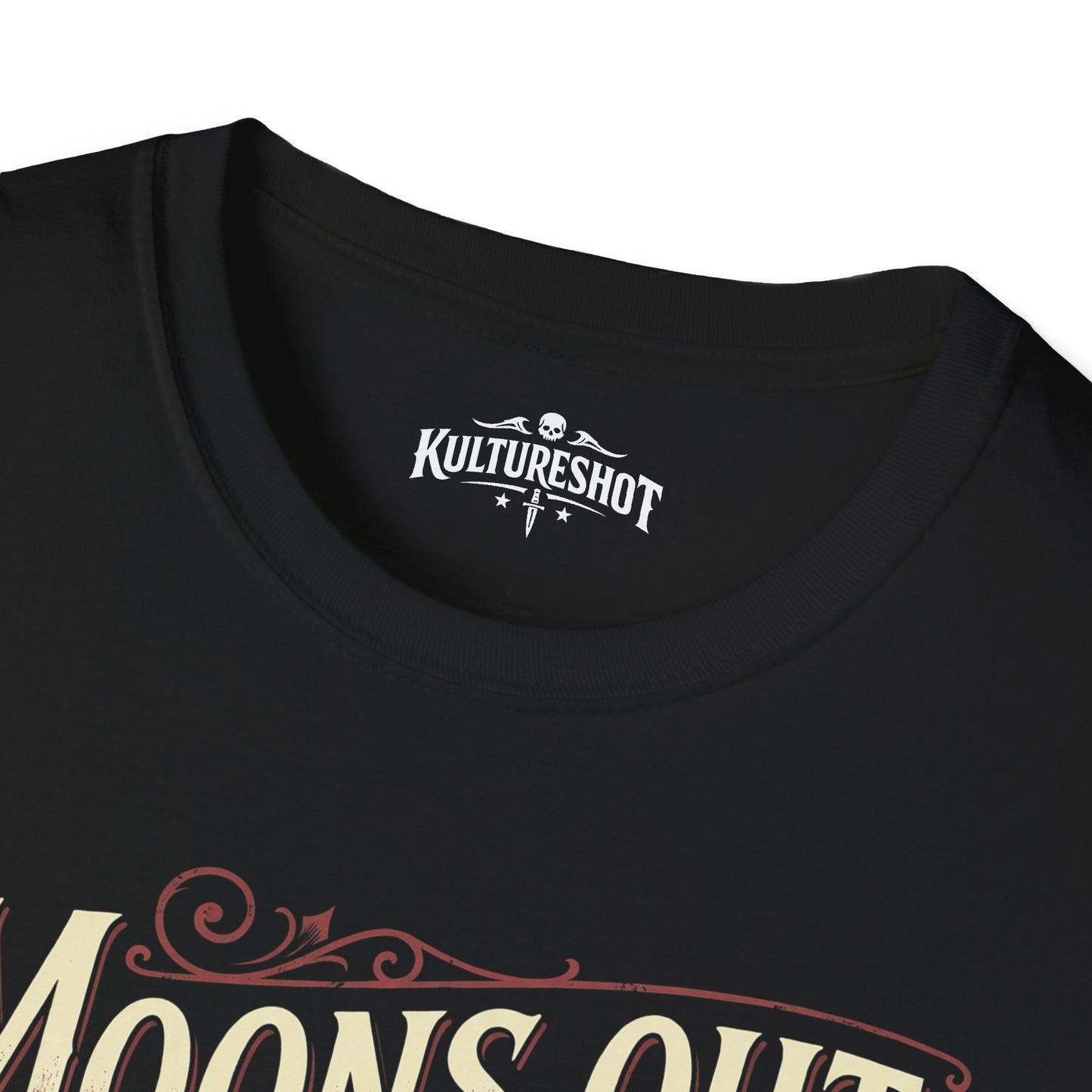 Black t-shirt with white graphic design on a white background