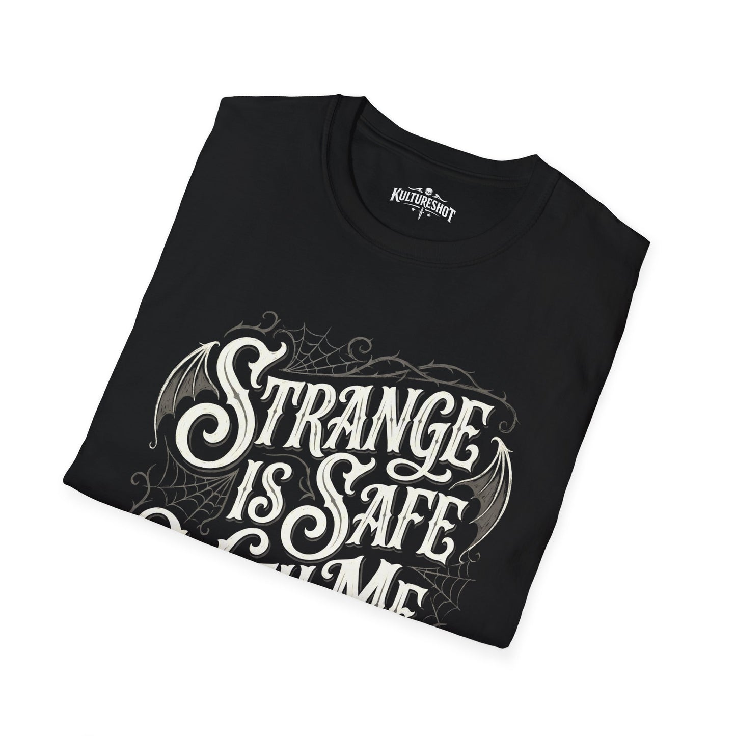 Black t-shirt with white text design on a white background