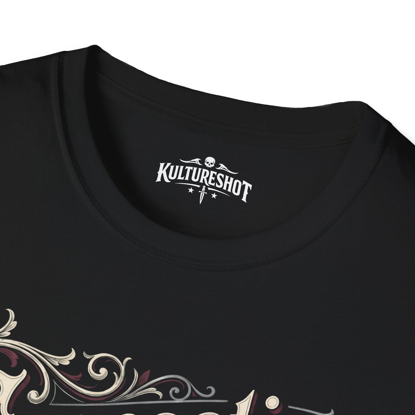 black t-shirt with Kultureshot label printed.