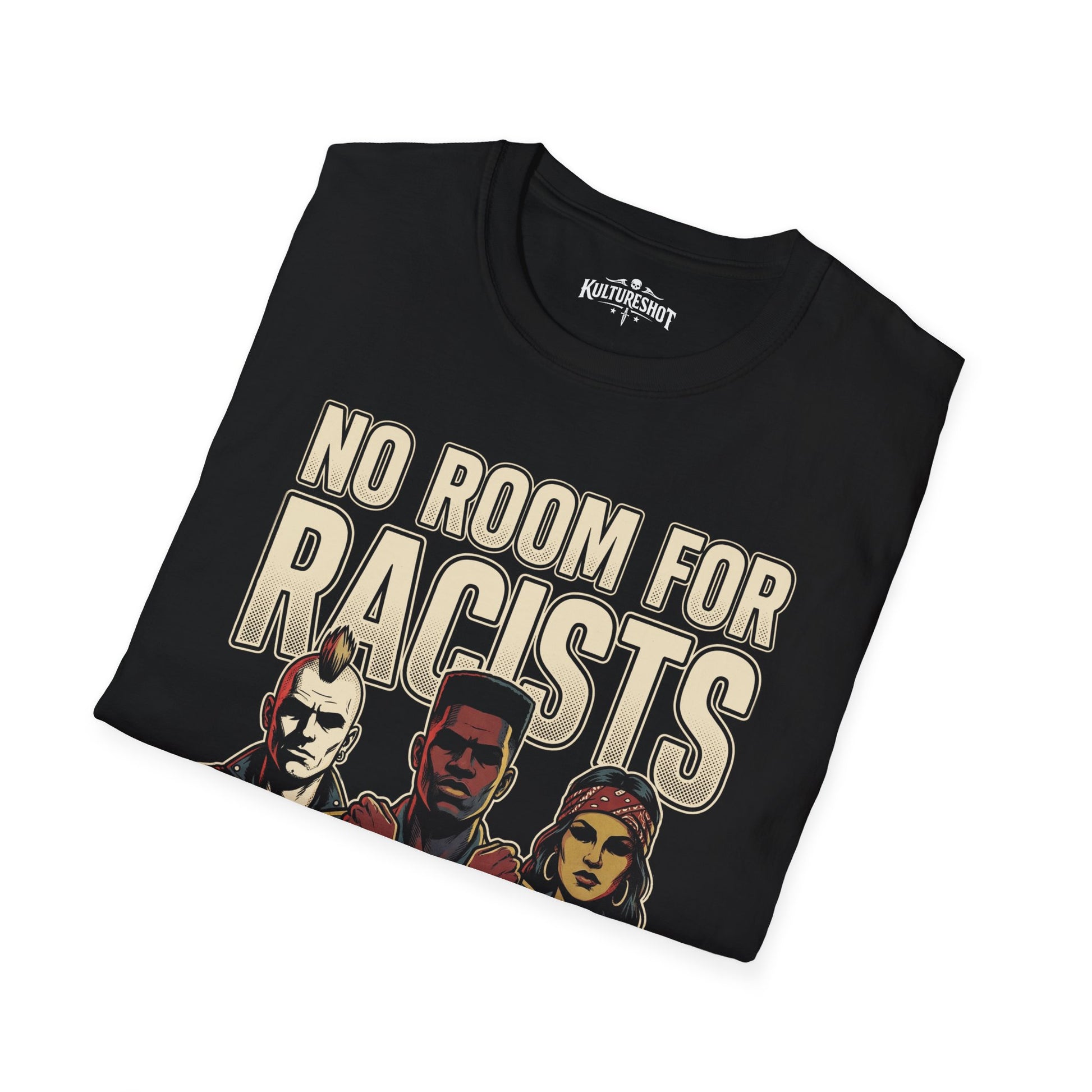 Black t-shirt with 'No Room for Racists' text and graphic design on a white background