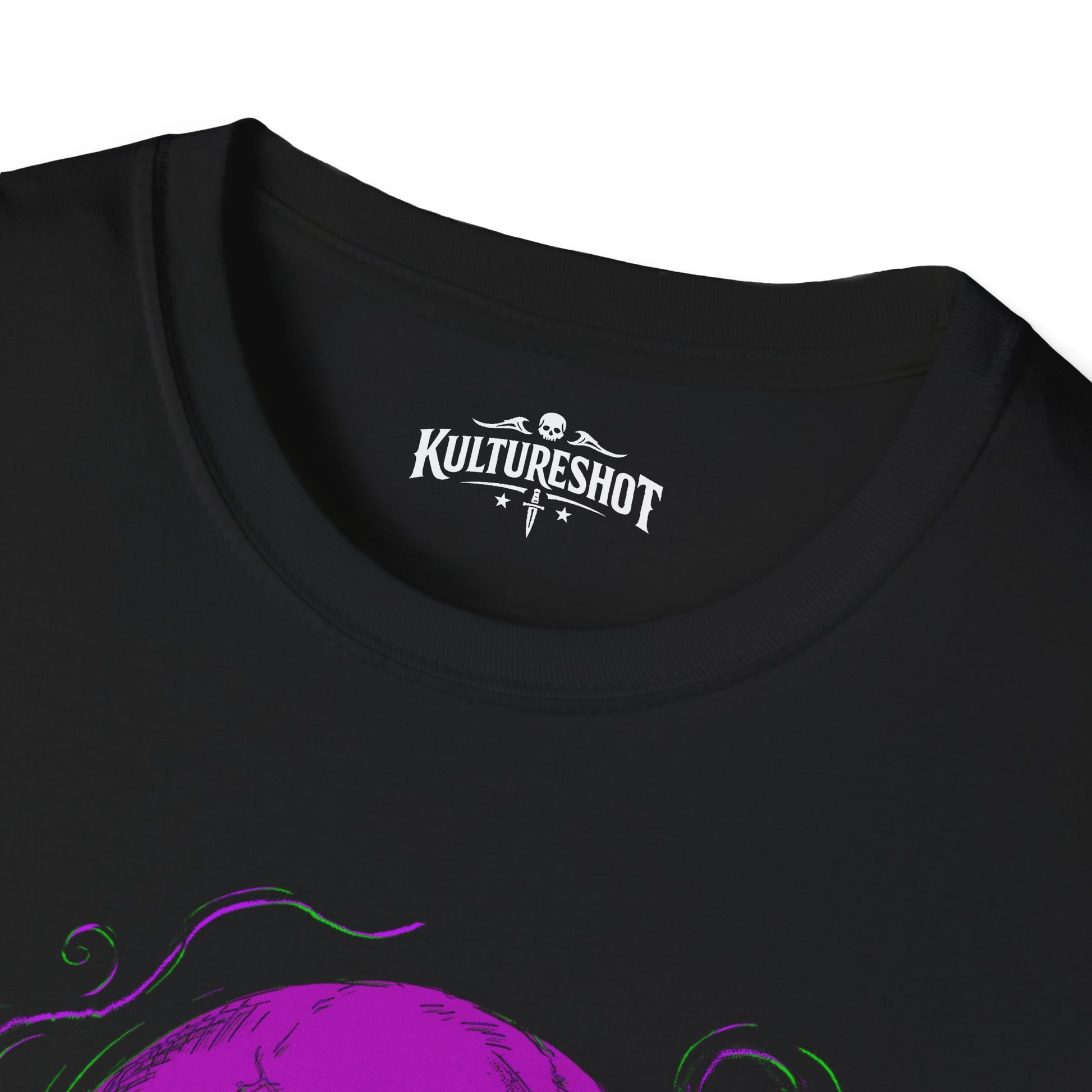 Black t-shirt with 'KultureShot' logo and purple graphic design on a white background