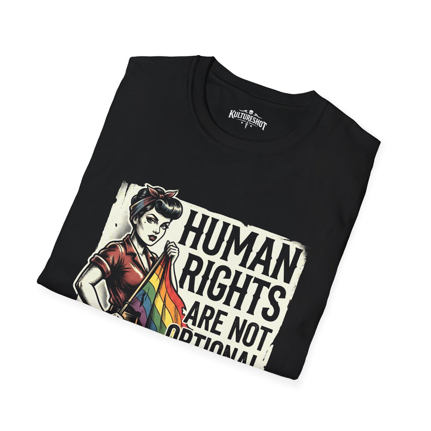 Folded black t-shirt with a graphic design and text on a white background